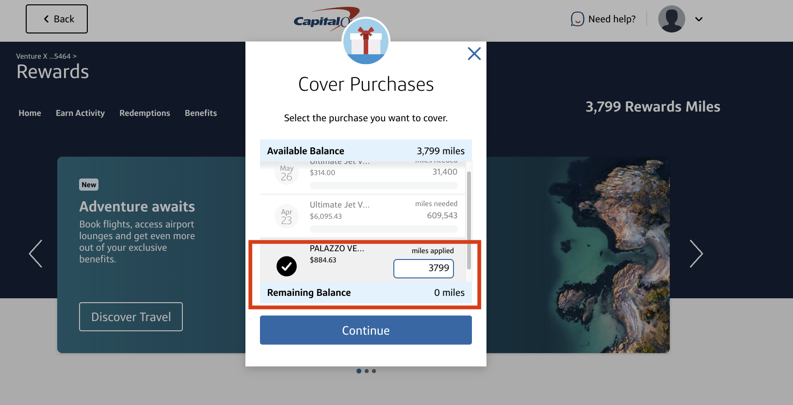Screenshot of the Cover Purchases pop up on the Capital One website. Screenshot of the Cover Purchases pop up on the Capital One website.