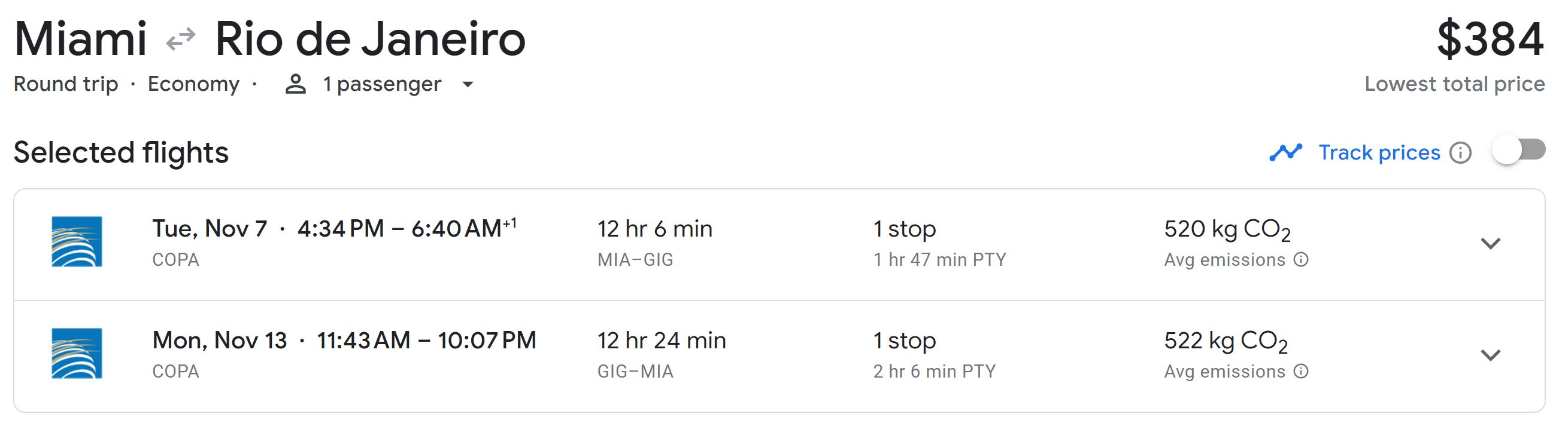 Google Flights Miami to Rio de Janeiro Copa