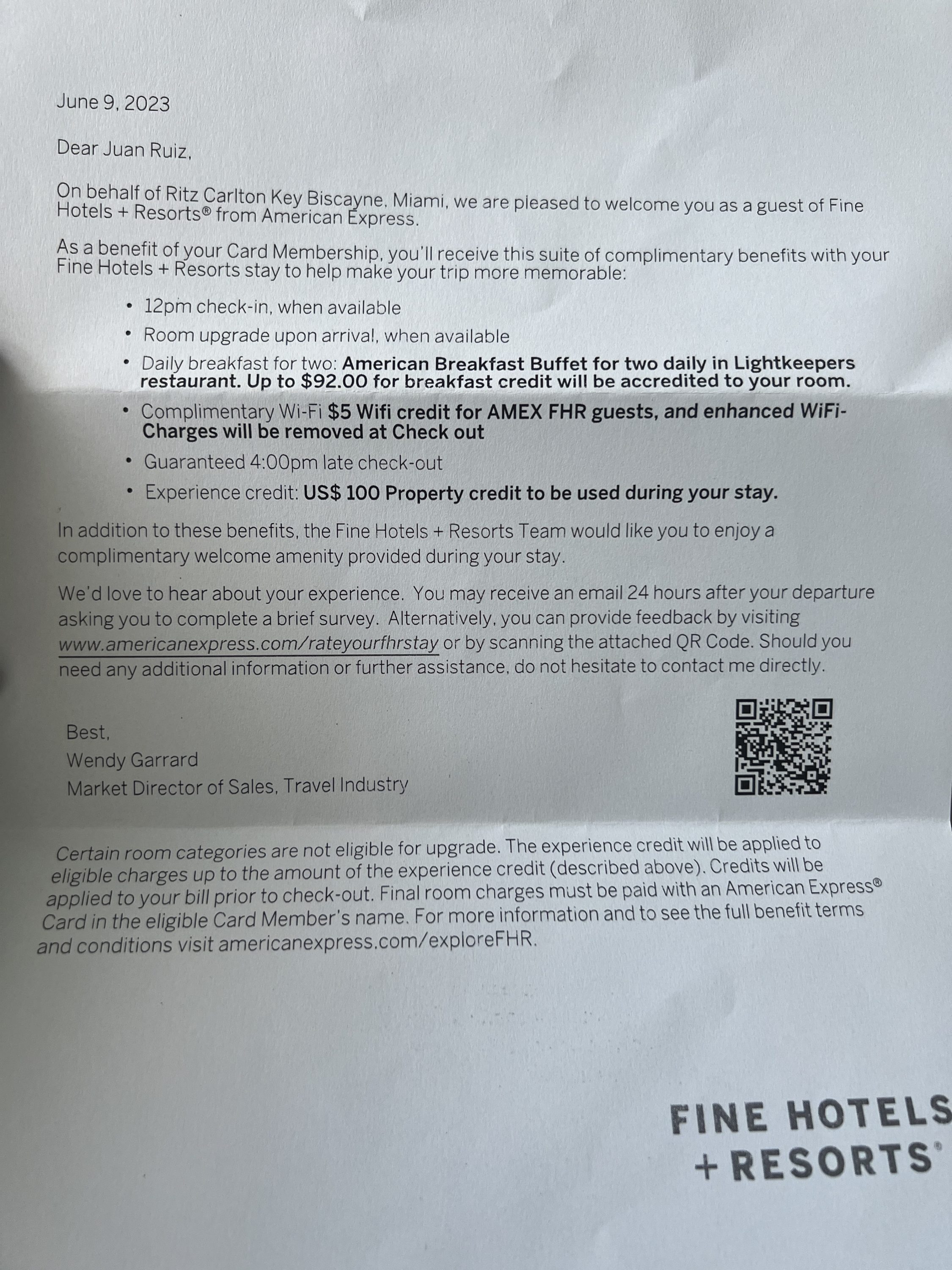 Amex FHR benefits at the Ritz-Carlton Key Biscayne.