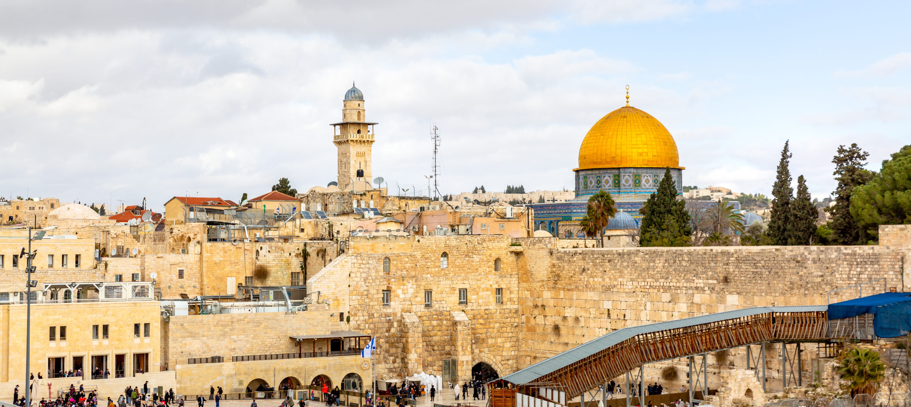 Israel Panoromic view of Temple Mount in Jerusalem, including the Western Wall and the golden Dome of the Rock.