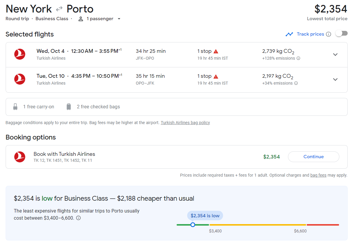 JFK OPO Turkish business Google Flights JFK OPO Turkish business Google Flights