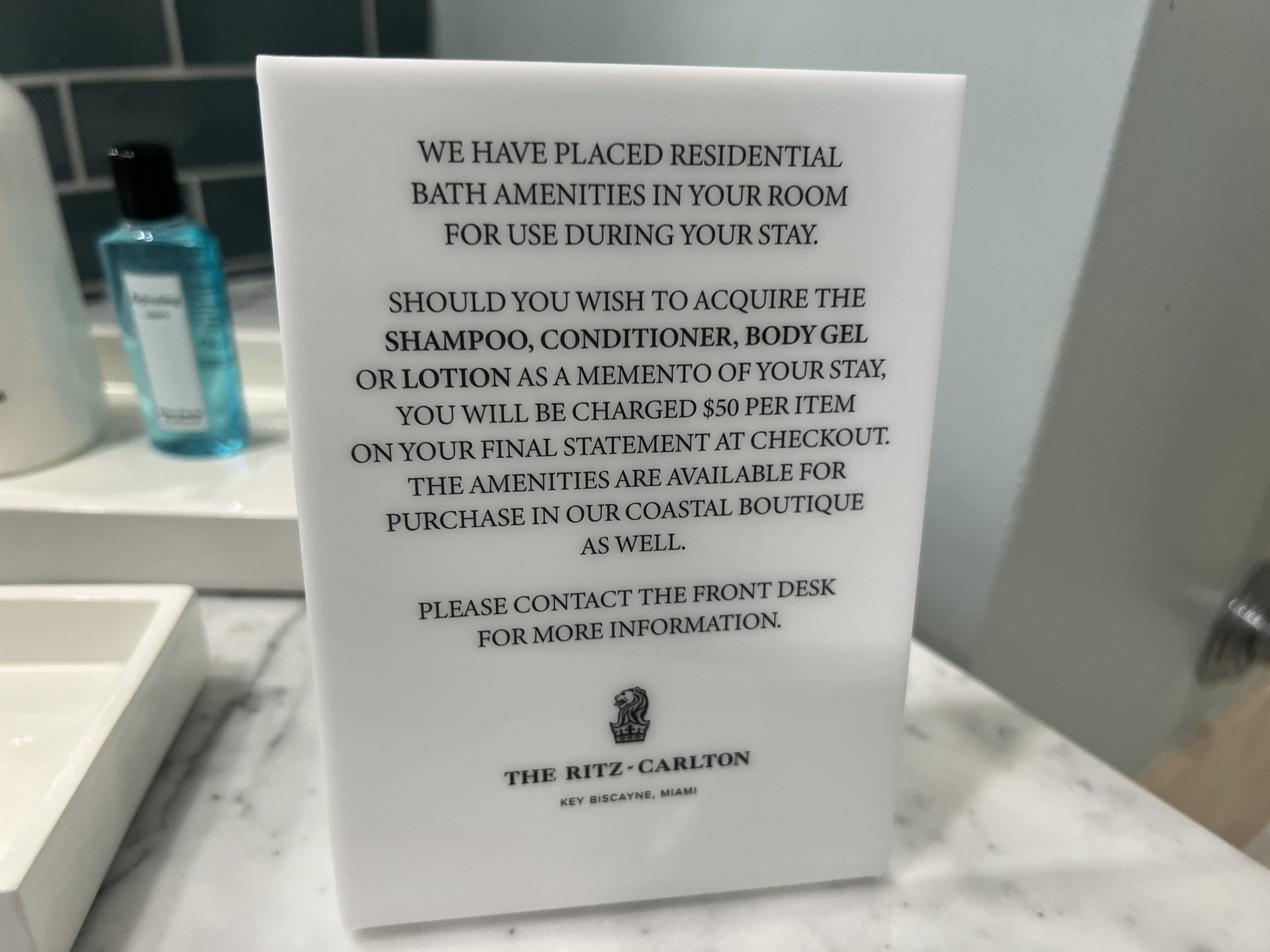 Ritz-Carlton Key Biscayne toiletries sign