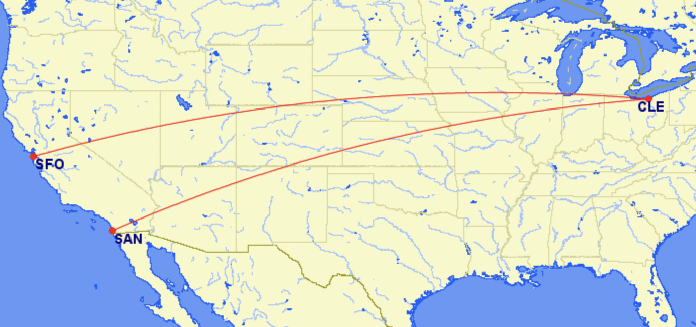 Map of new Frontier routes from Cleveland to the West Coast Map of new Frontier routes from Cleveland to the West Coast