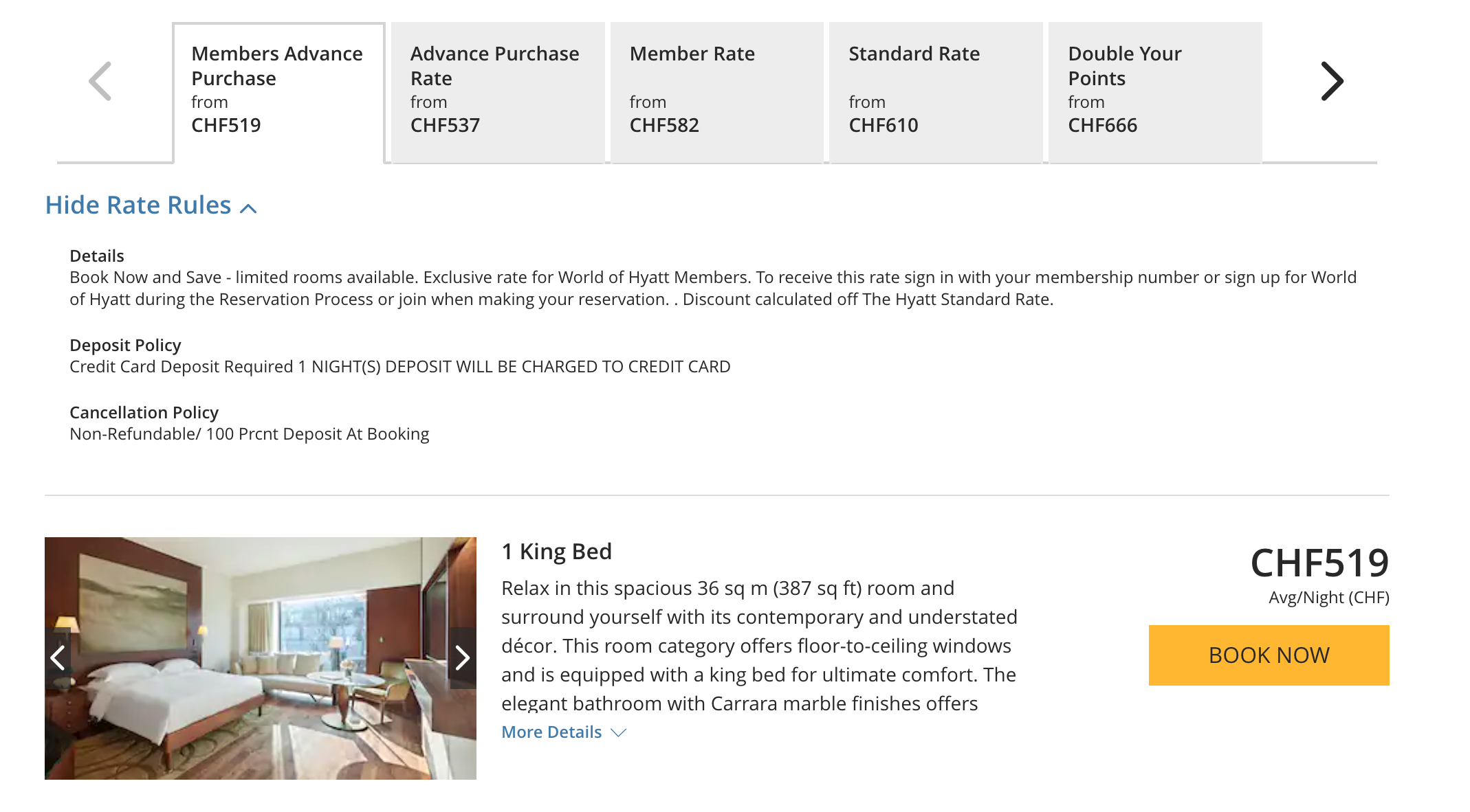 Park Hyatt Zurich cash cost 1 king bed