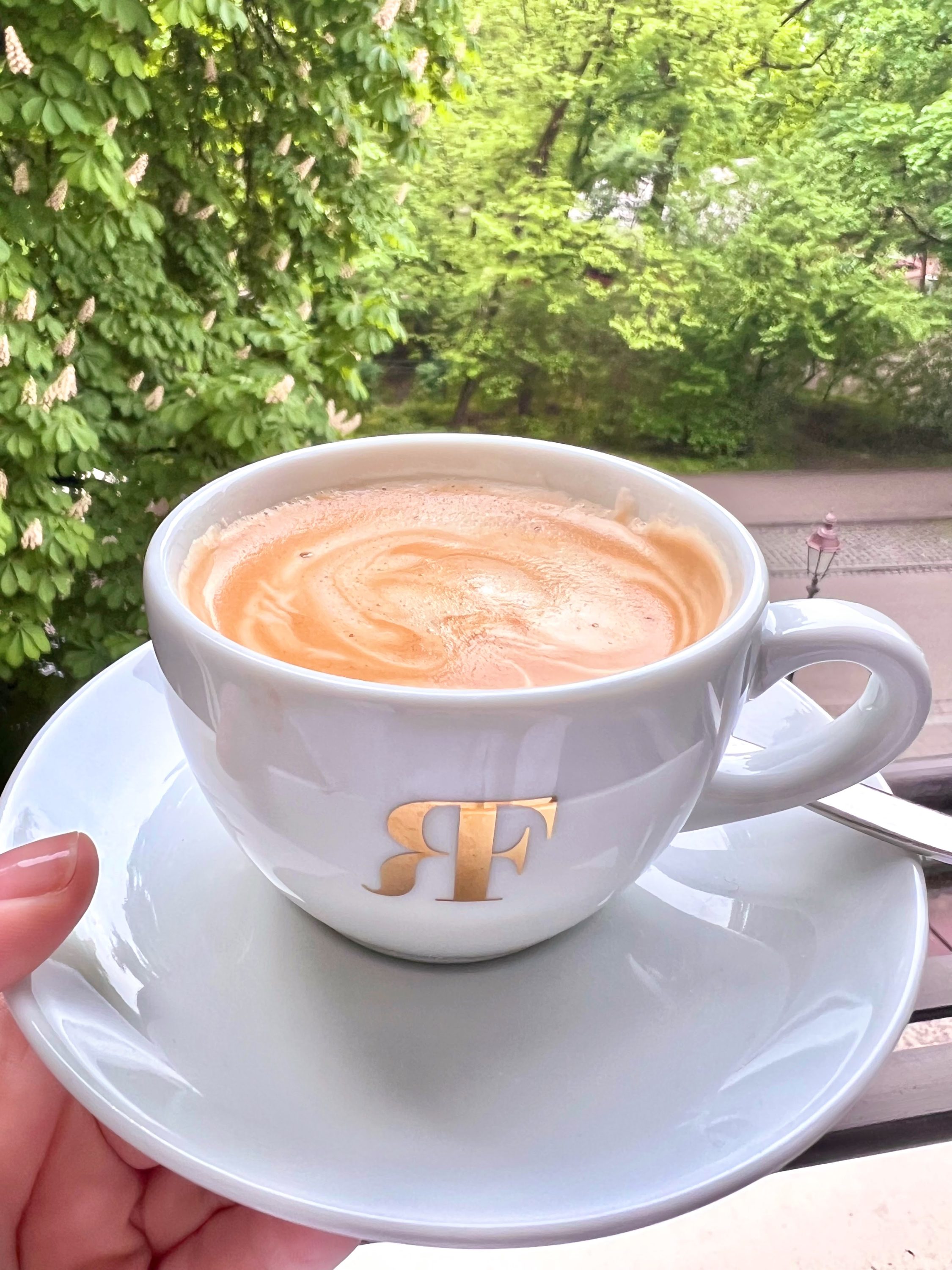 Rocco Forte branded coffee cup at The Charles Hotel Munich