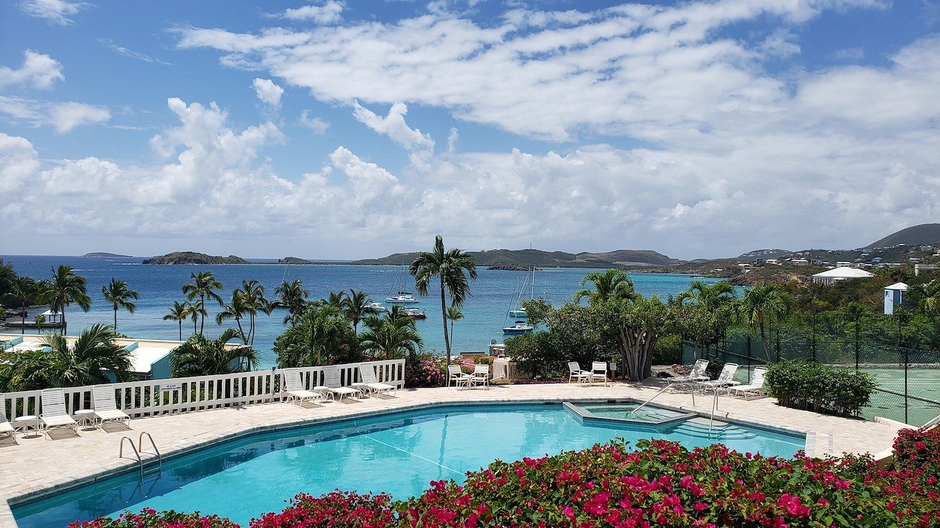 The view from the pool overlooking the bay at Secret Harbour Beach Resort in St. Thomas. The view from the pool overlooking the bay at Secret Harbour Beach Resort in St. Thomas.