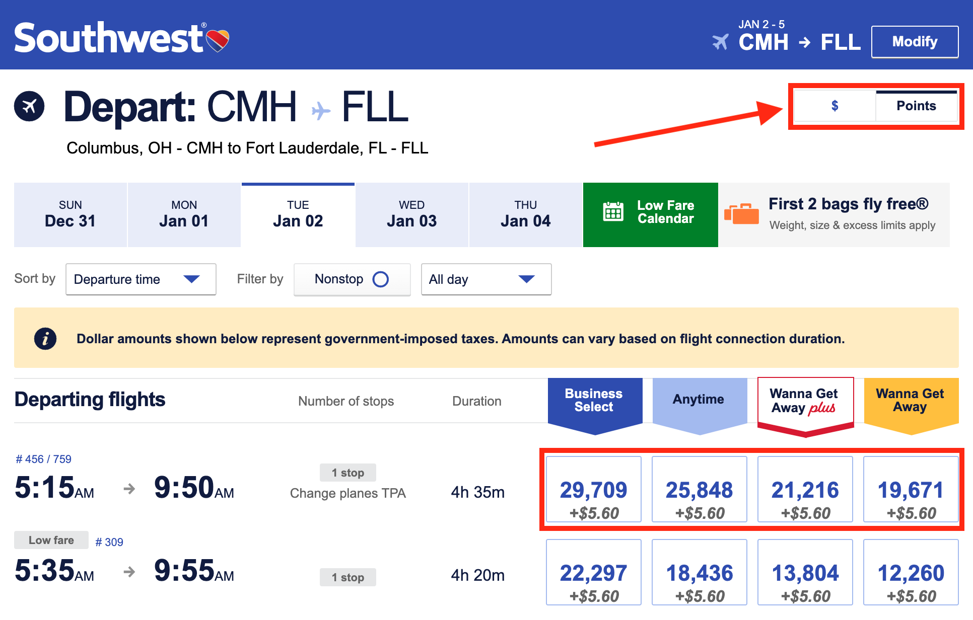 Southwest flight cost in points