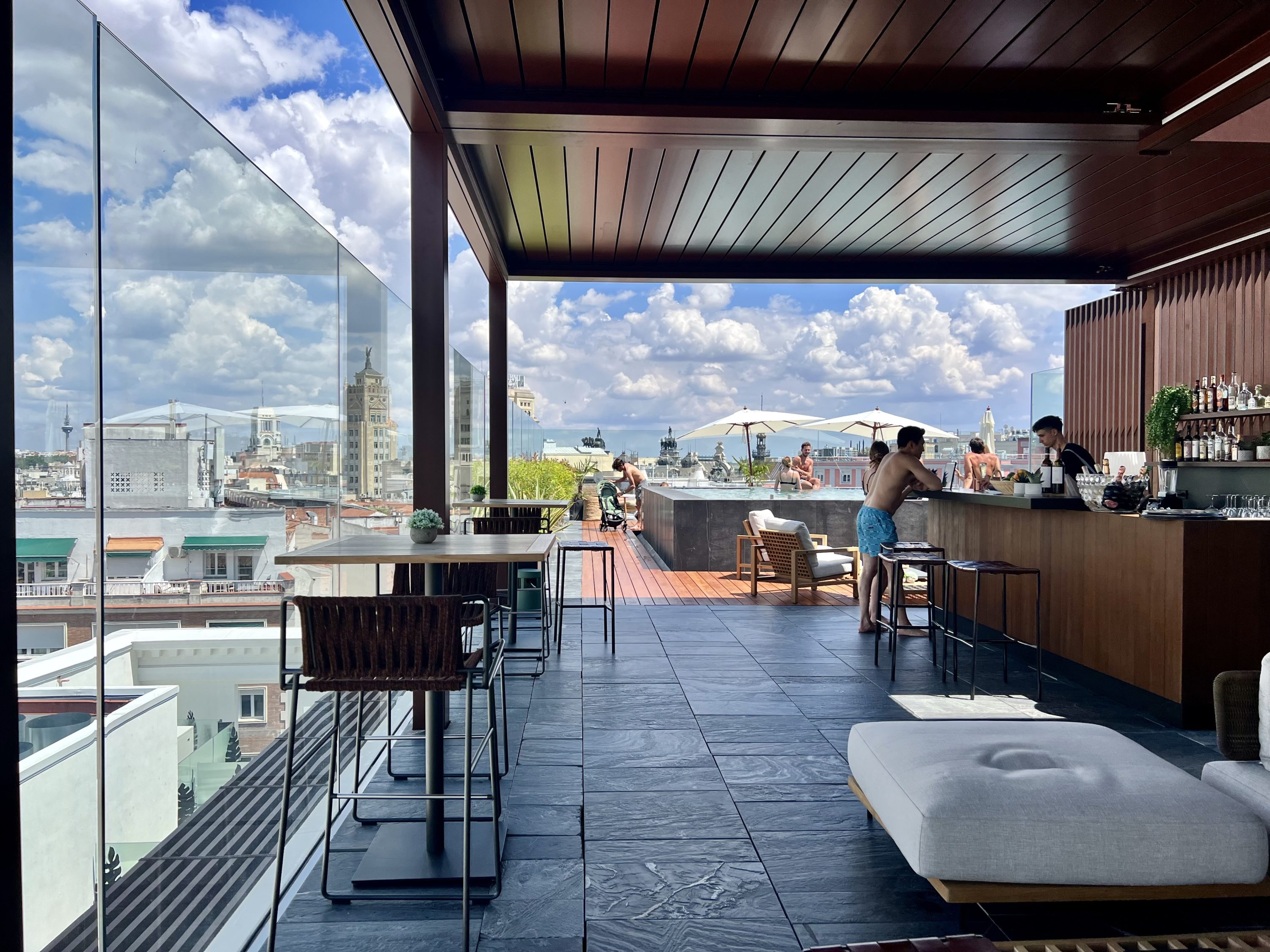 Thompson Madrid Hotel Rooftop pool, bar, and seating Thompson Madrid Hotel Rooftop pool, bar, and seating