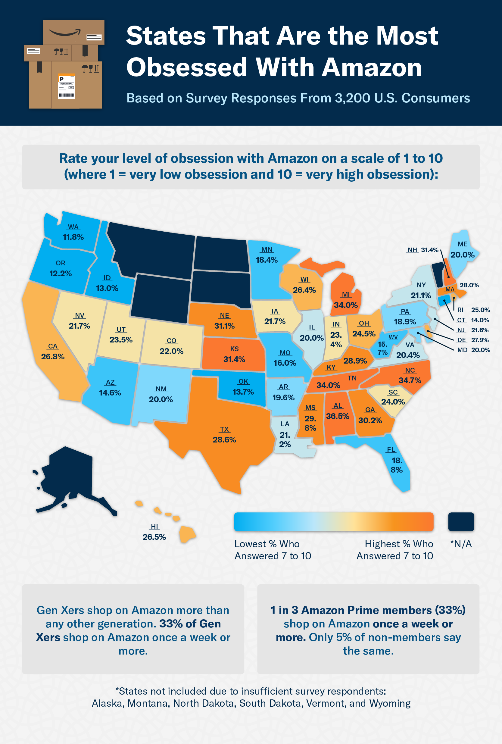 U.S. heatmap showcasing the states most obsessed with Amazon