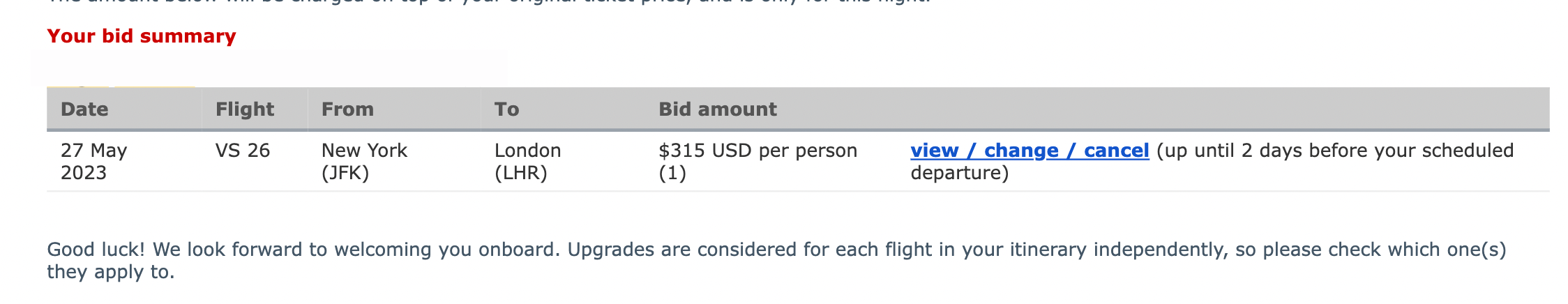 Virgin Atlantic Premium Economy Bid Virgin Atlantic Premium Economy Bid