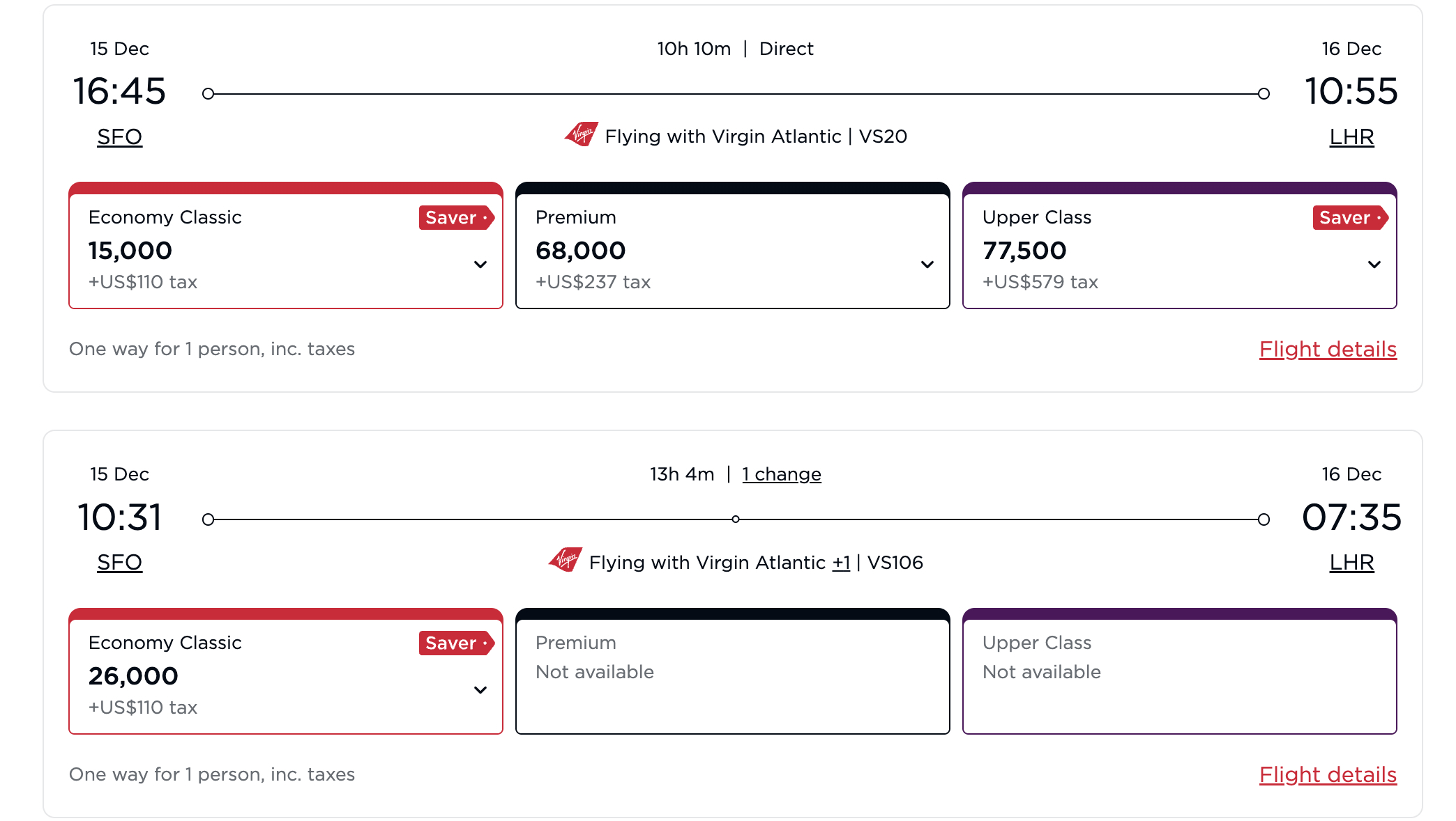 Virgin Atlantic Screenshot Virgin Atlantic SFO LHR awards December 2026