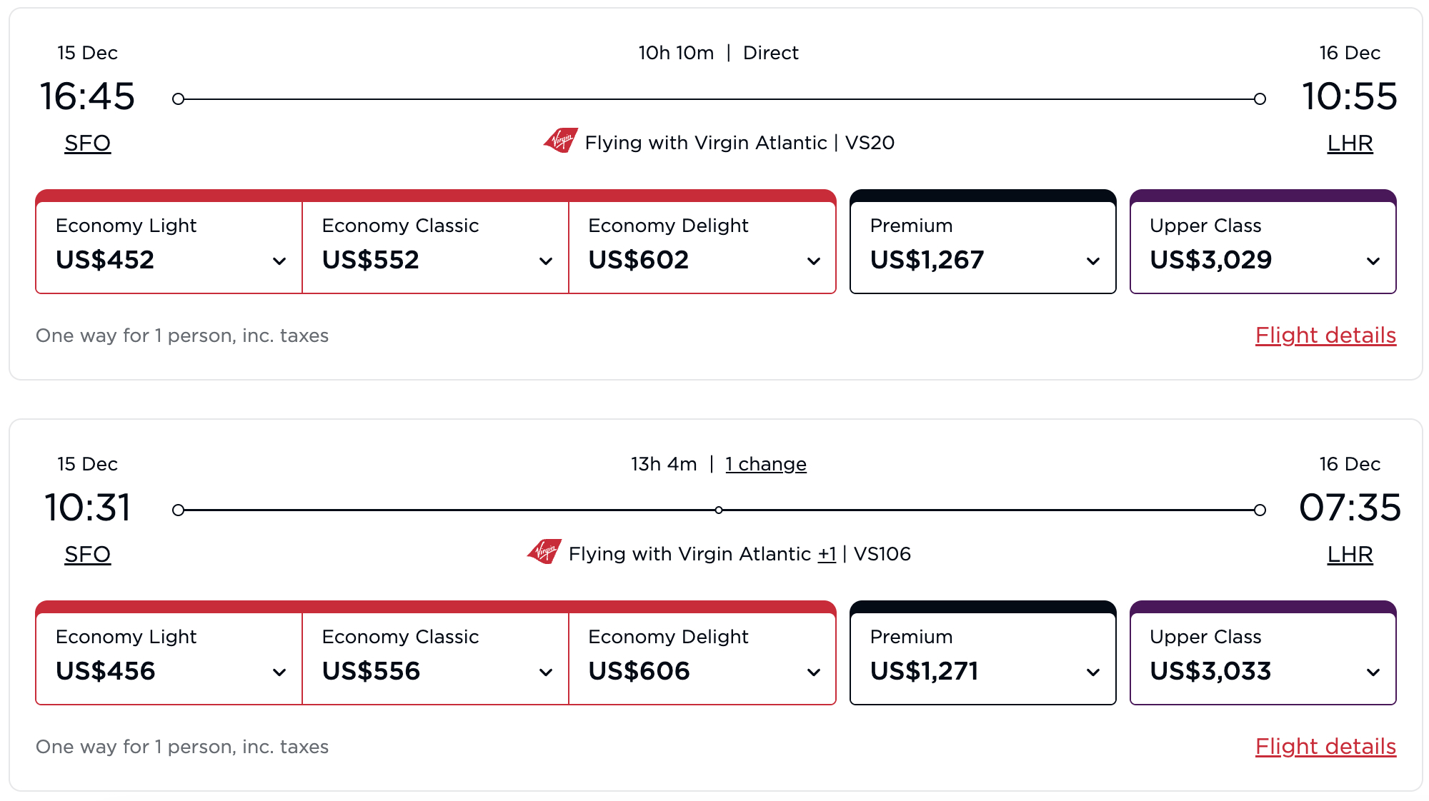 Virgin Atlantic Screenshot Virgin Atlantic flights SFO LHR december 2026