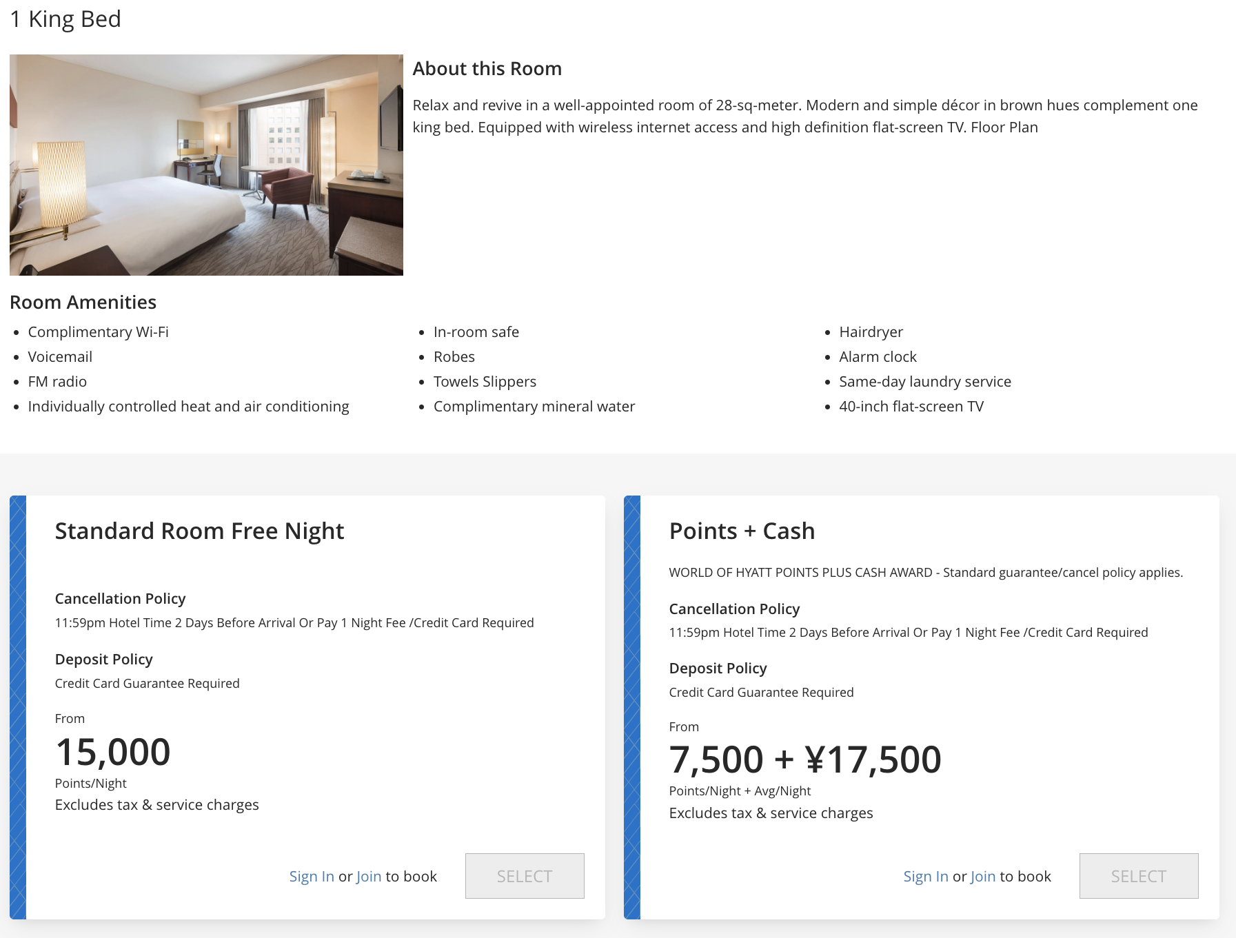 Hyatt Regency Tokyo points cost standard pricing