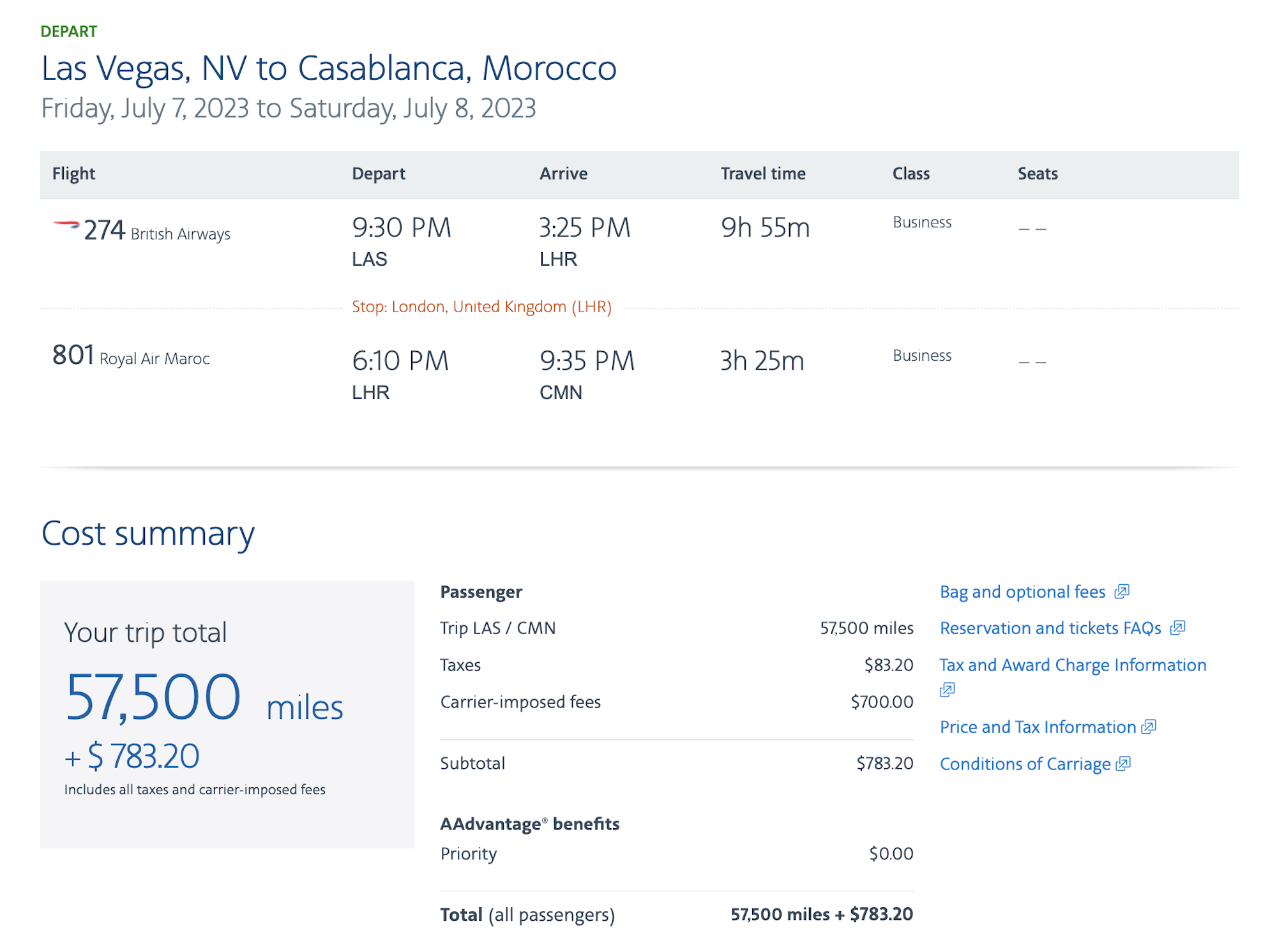 Booking confirmation American Airlines AA award LAS LHR CMN in business class Booking confirmation American Airlines AA award LAS LHR CMN in business class