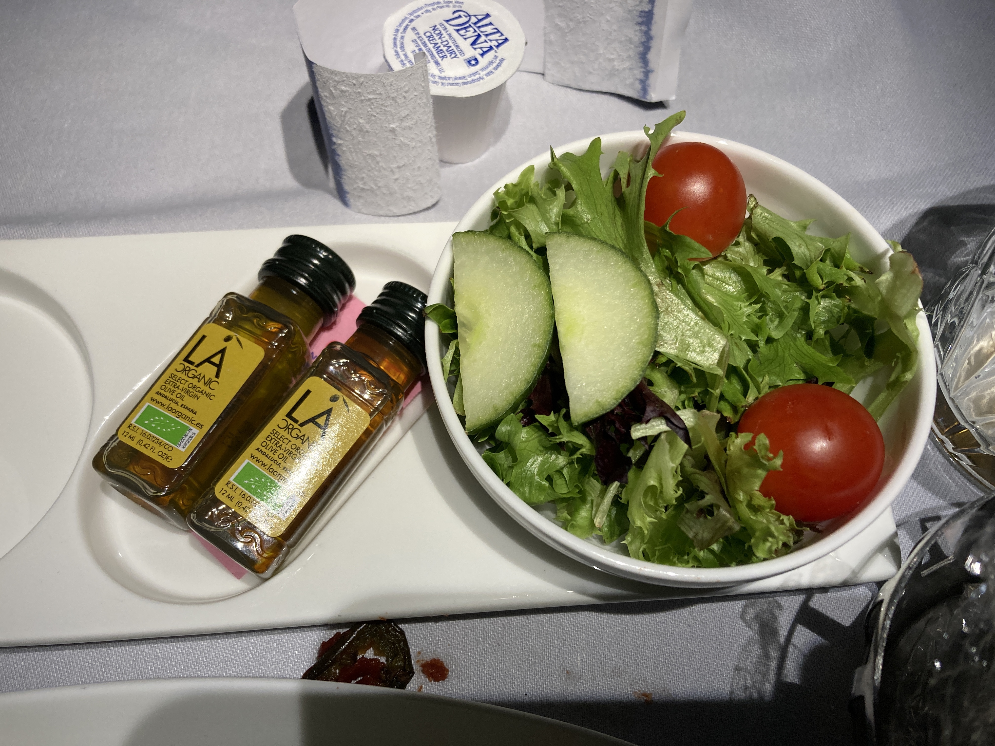 British Airways A350 1000 Club Suites review LAS LHR dinner sald dressing 