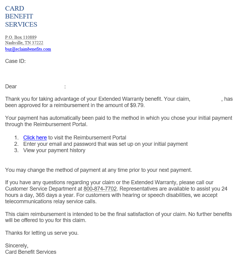 Card Benefit Services warranty claim approved Card Benefit Services warranty claim approved
