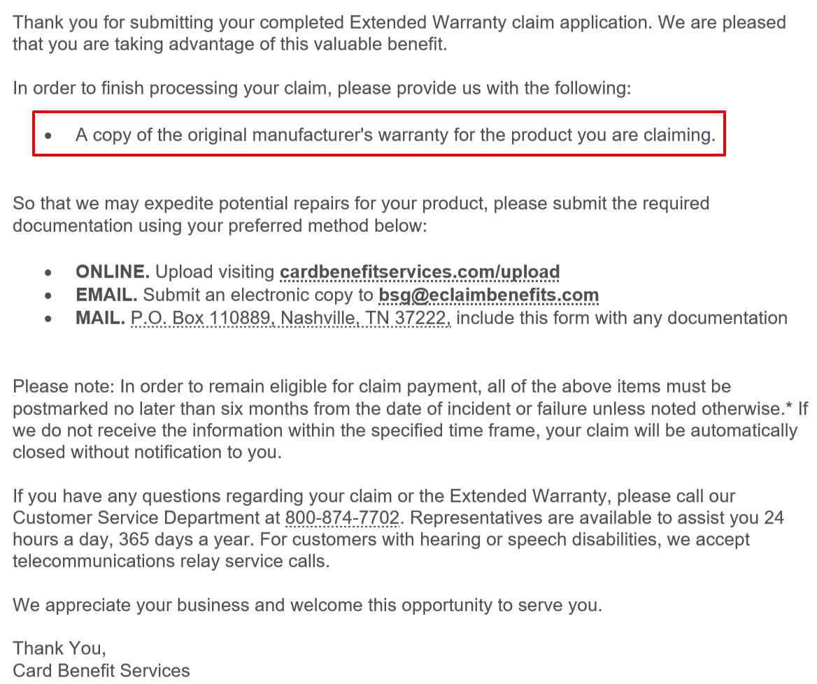 Card Benefit Services request for warranty Card Benefit Services warranty request