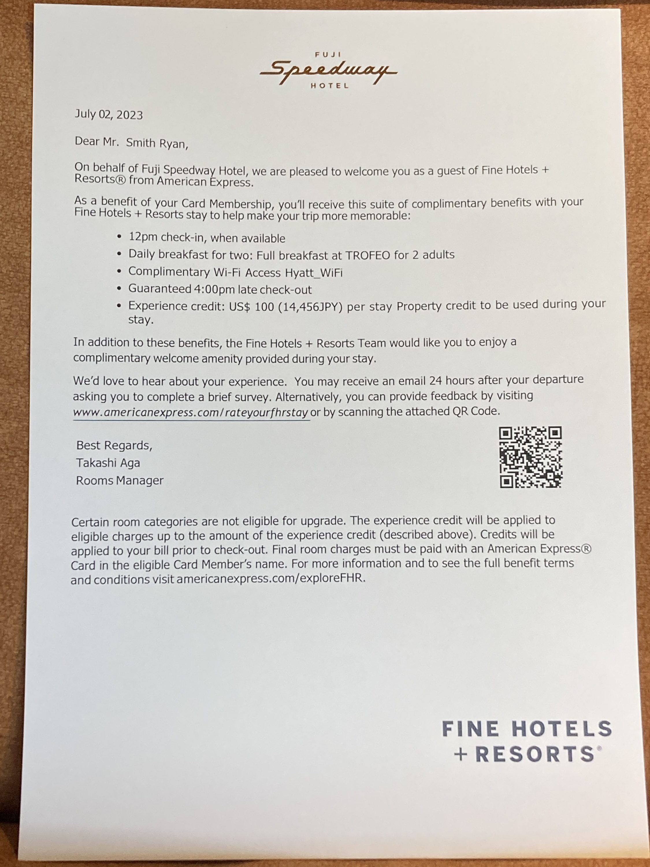 Fuji Speedway Hotel FHR welcome letter