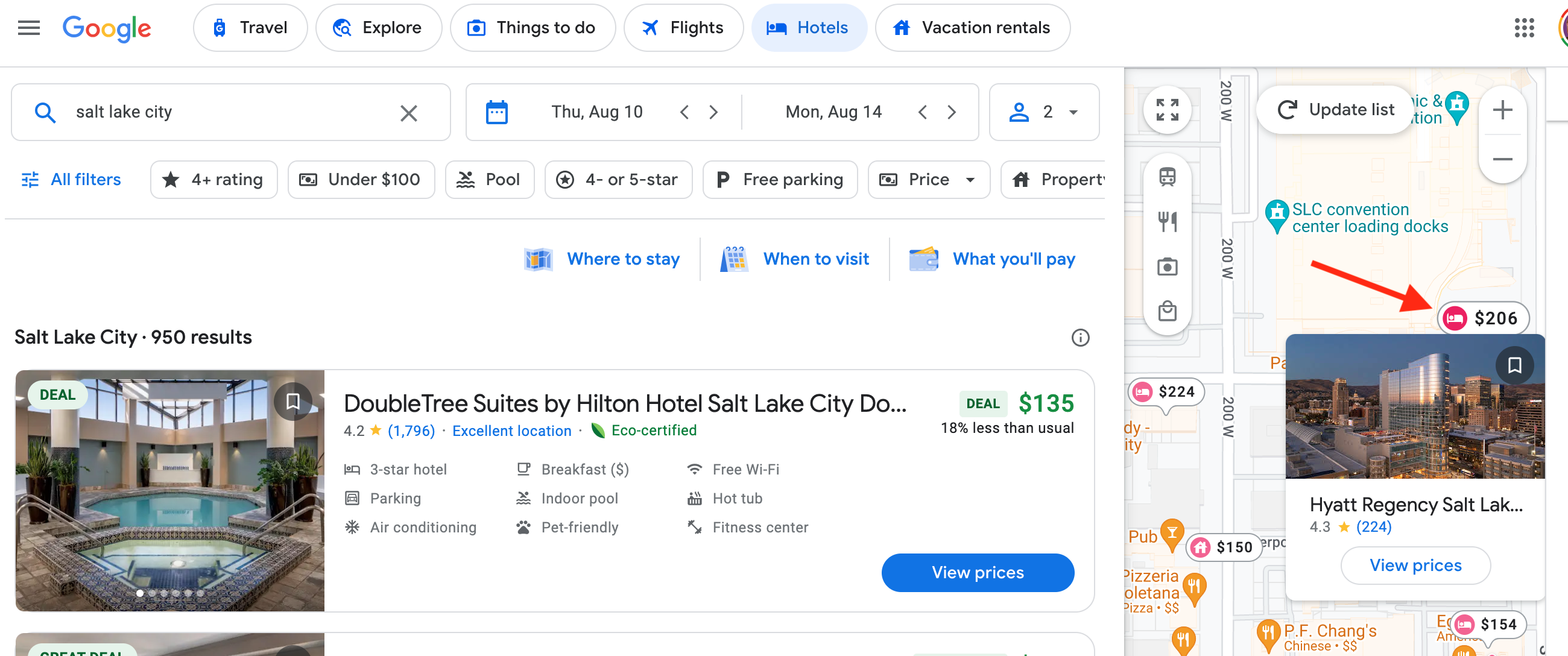 Google Hotels map search feature Google Hotels map search feature