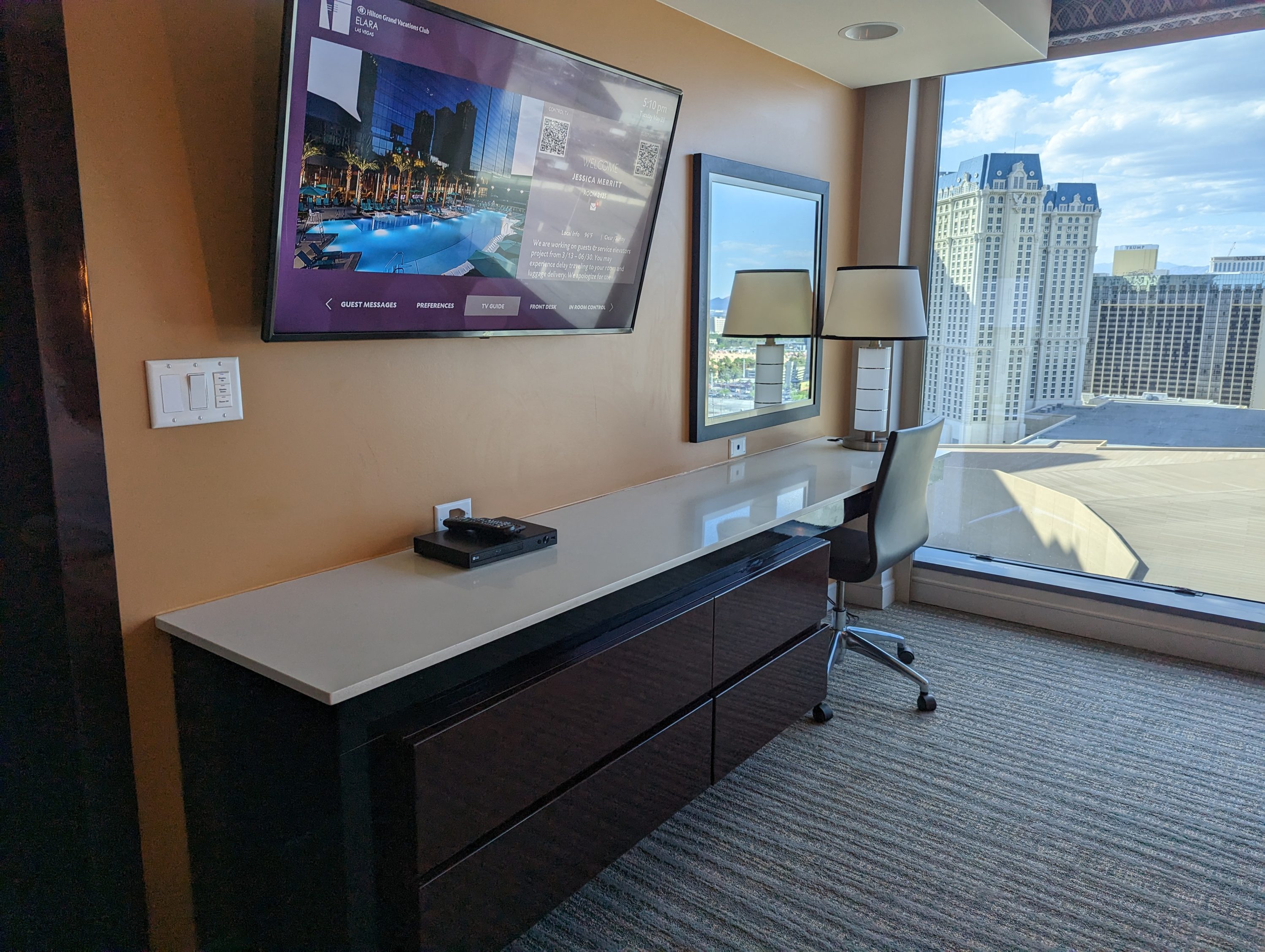 Hilton Grand Vacations Elara Las Vegas bedroom dresser tv and desk