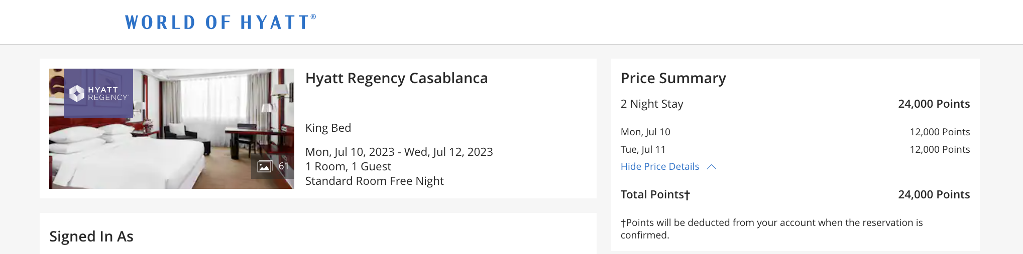 Hyatt Regency Casablanca booking confirmation 24000 points for 2 nights Hyatt Regency Casablanca booking confirmation 24000 points for 2 nights