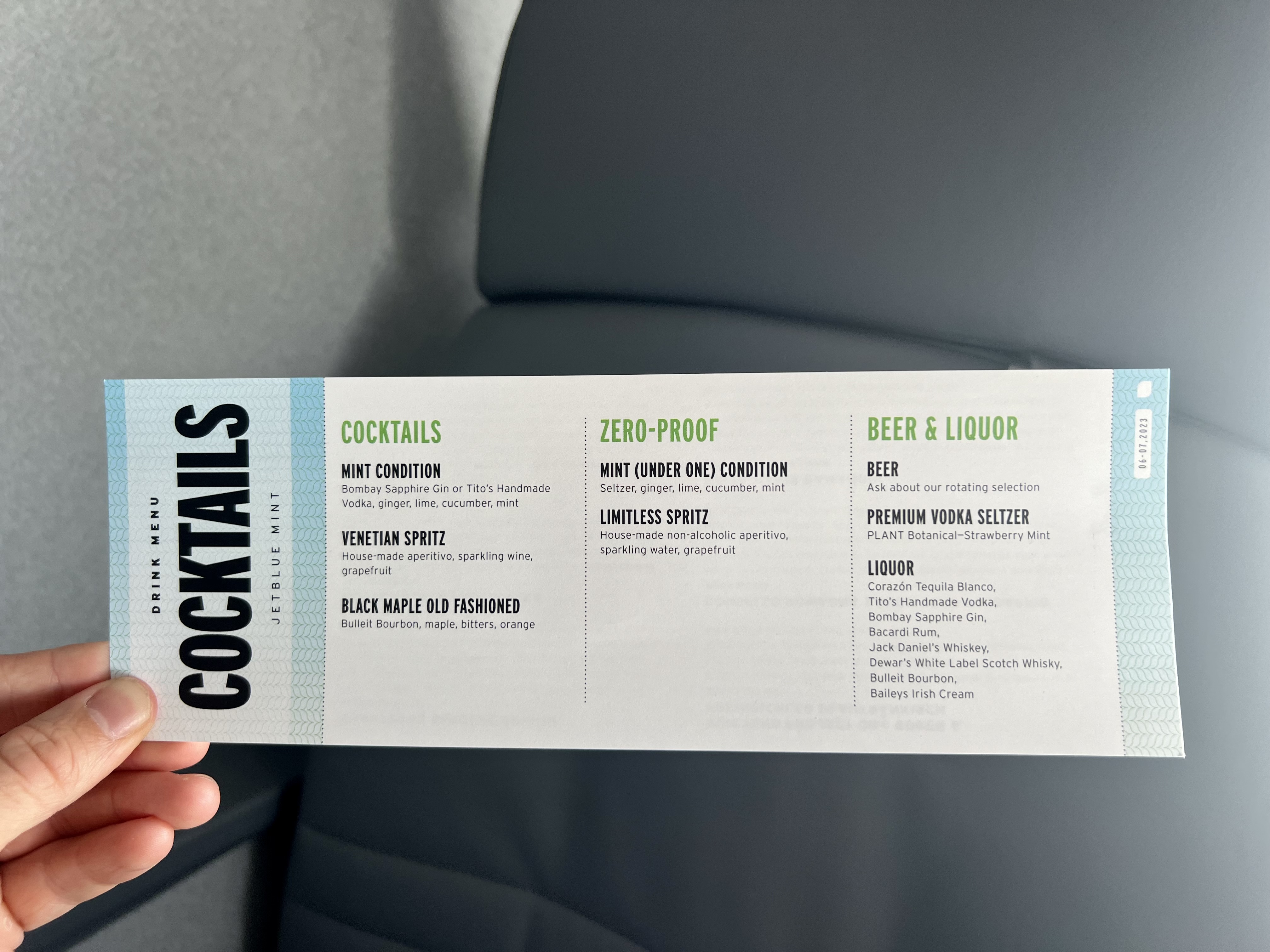 JetBlue Mint drinks menu
