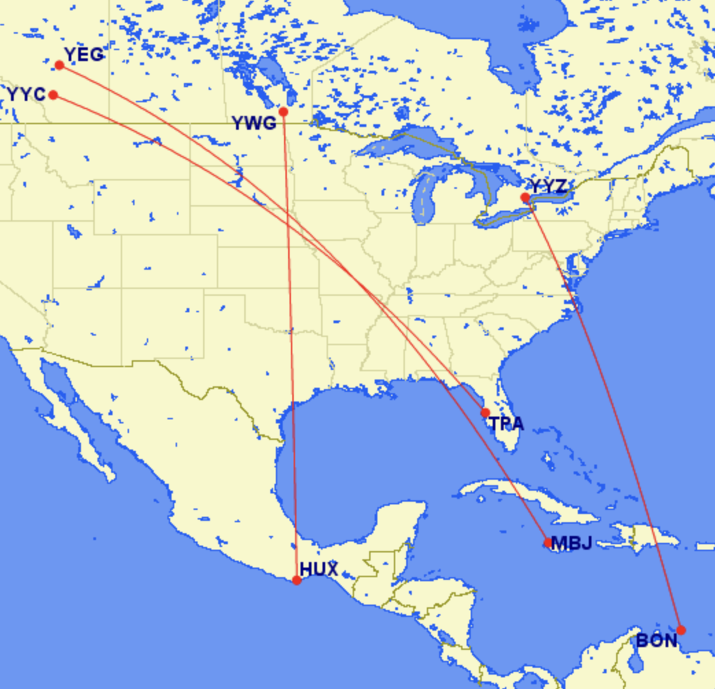 Map of new WestJet winter routes Map of new WestJet winter routes