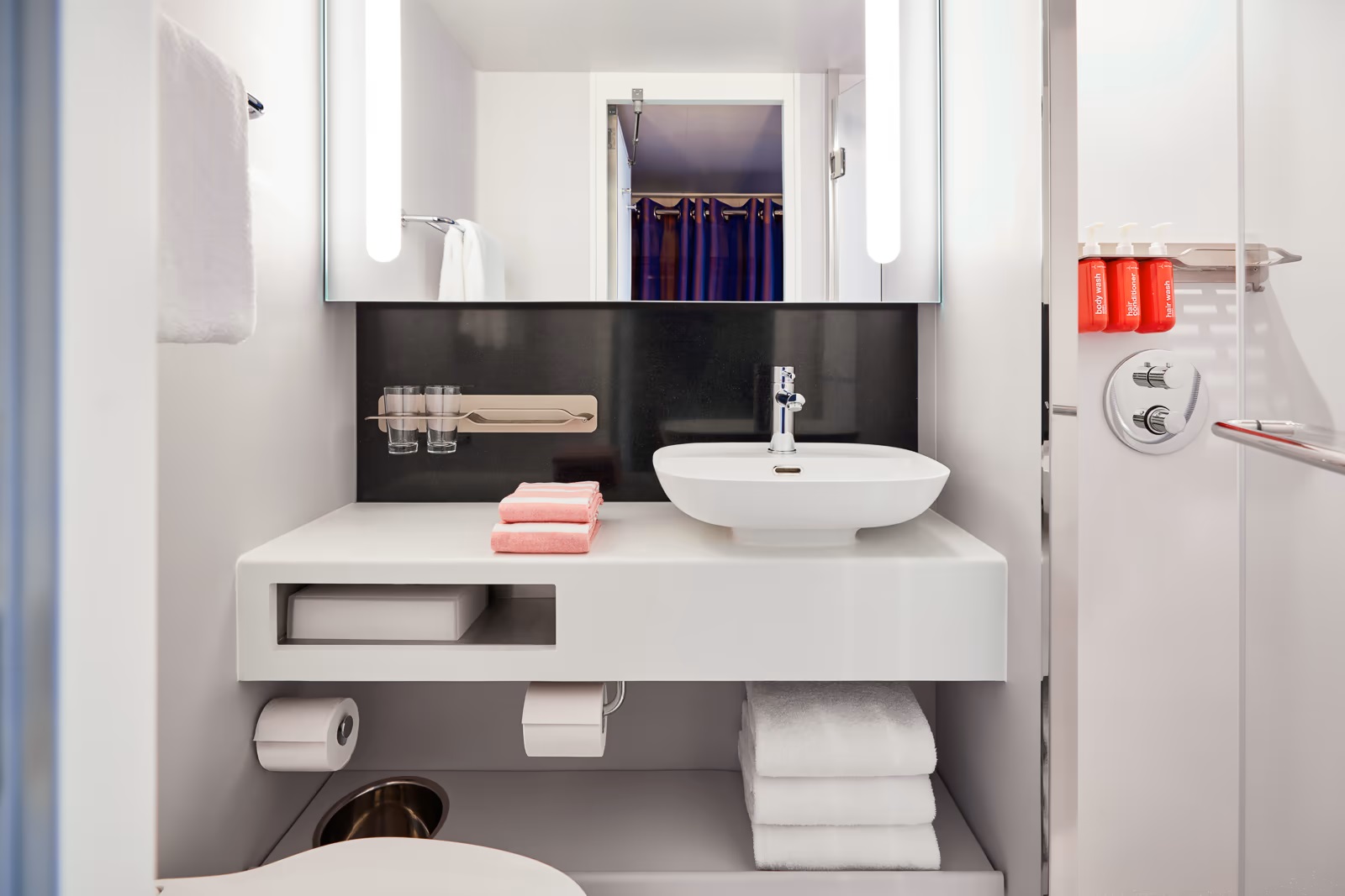 Virgin Voyages Bathroom 1 Rendering of a bathroom in a Virgin Voyages cabin