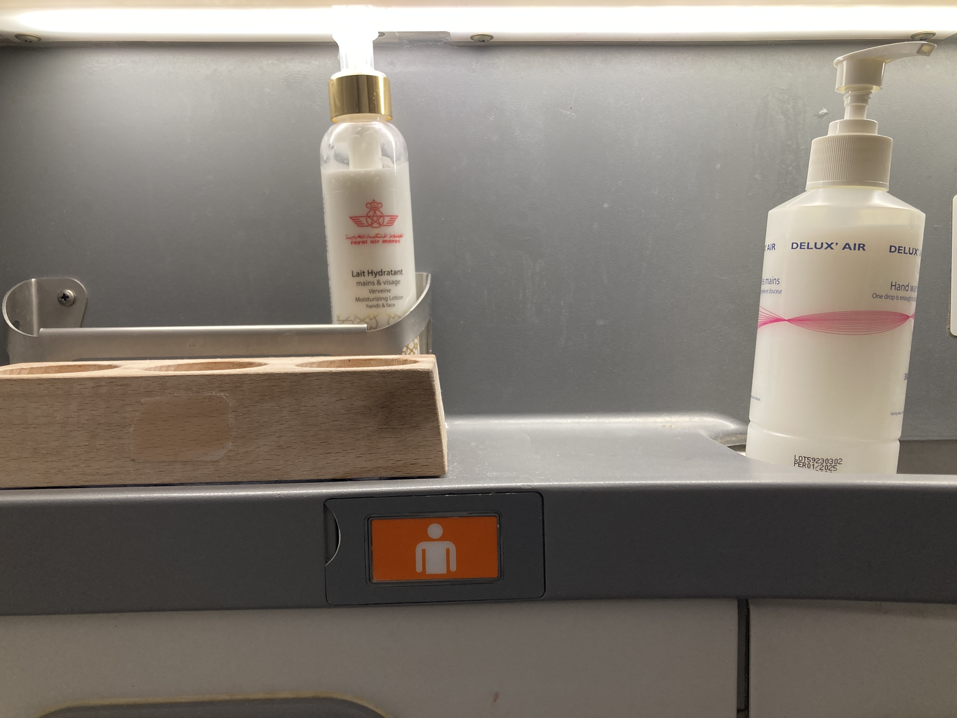 Royal Air Maroc Boeing 737 MAX 8 business class LHR CMN bathroom toiletries Royal Air Maroc Boeing 737 MAX 8 business class LHR CMN bathroom toiletries