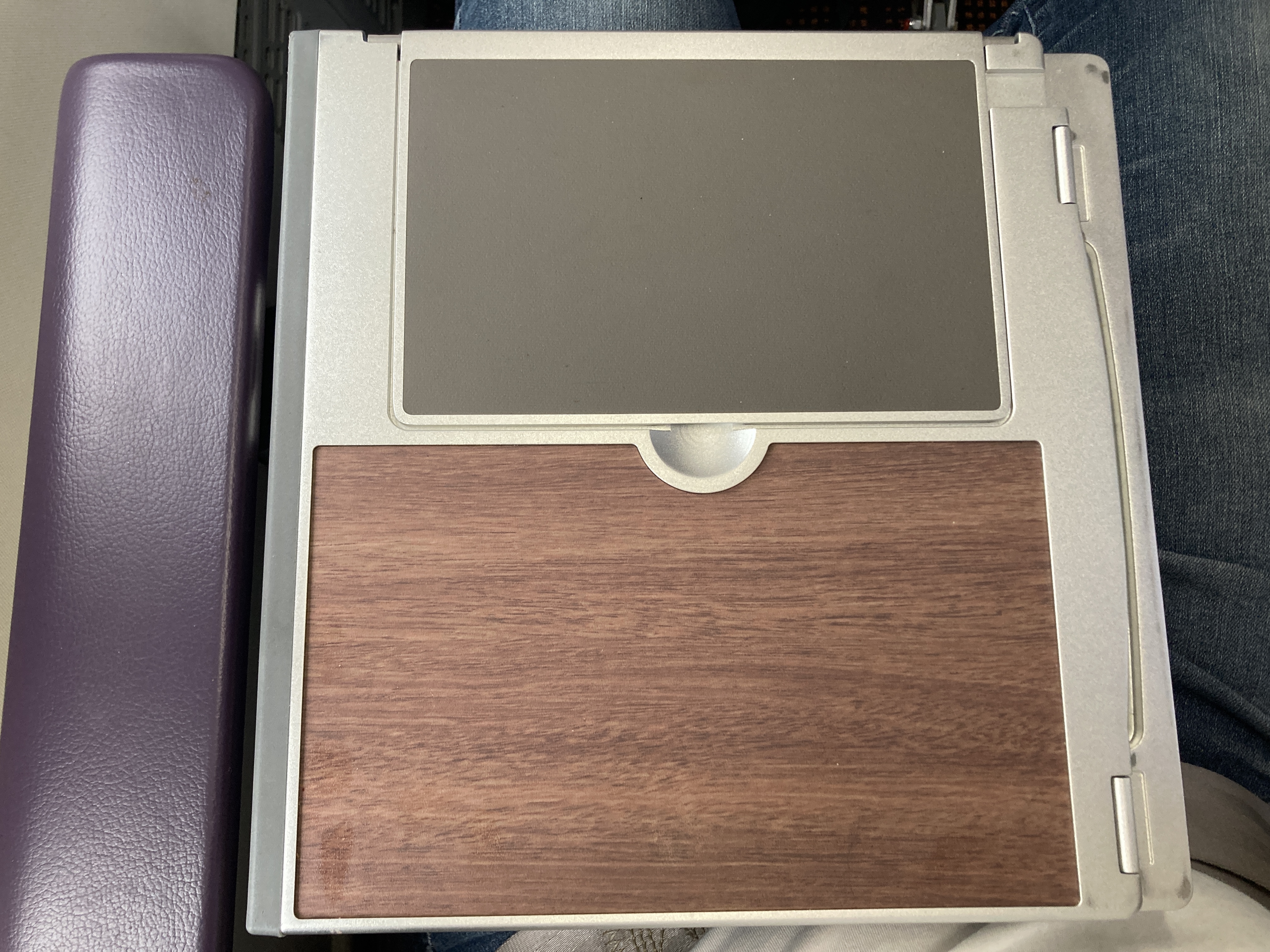 Royal Air Maroc Boeing 737 MAX 8 business class LHR CMN tray table folded Royal Air Maroc Boeing 737 MAX 8 business class LHR CMN tray table folded