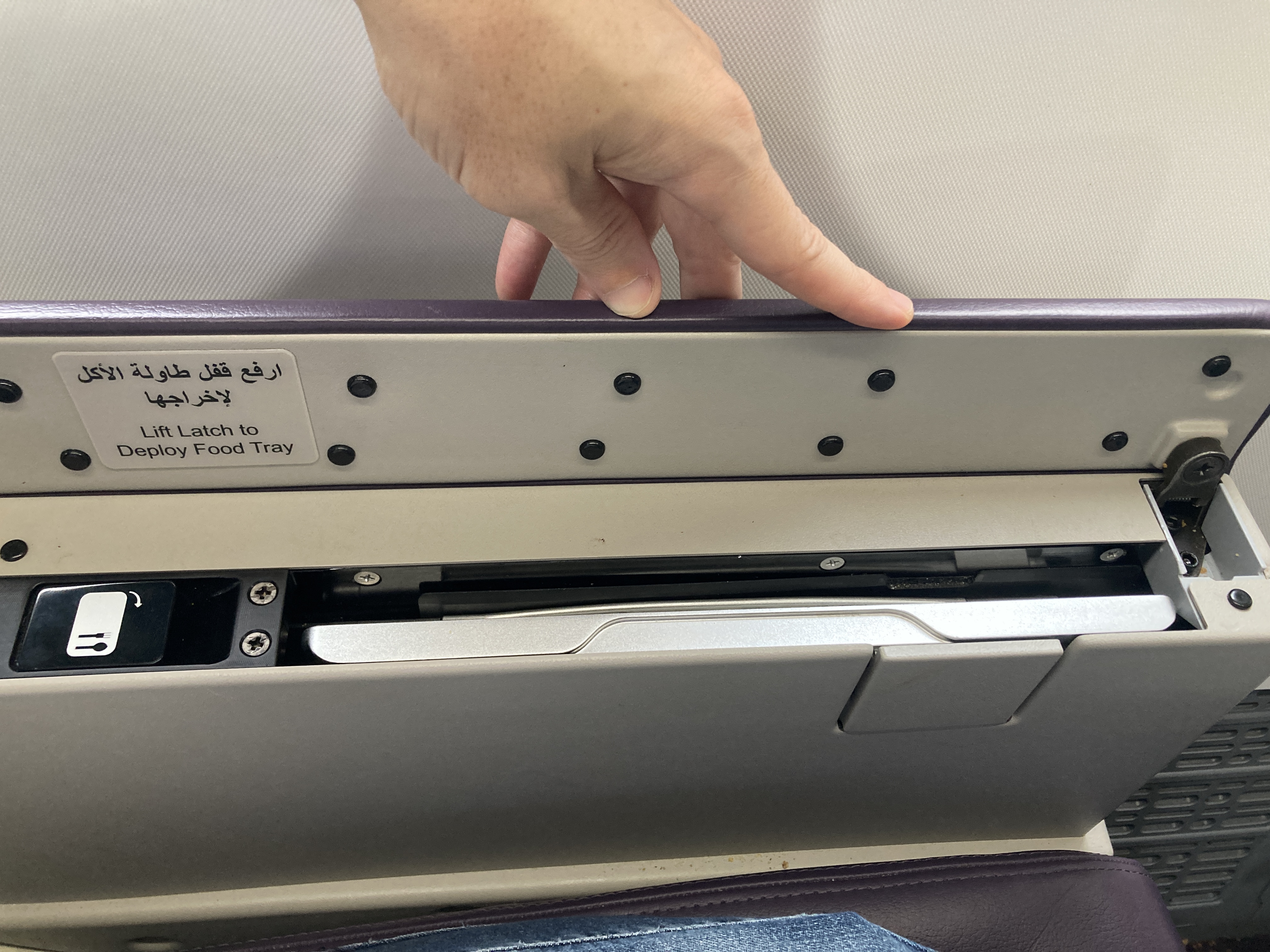 Royal Air Maroc Boeing 737 MAX 8 business class LHR CMN tray table in arm rest Royal Air Maroc Boeing 737 MAX 8 business class LHR CMN tray table in arm rest