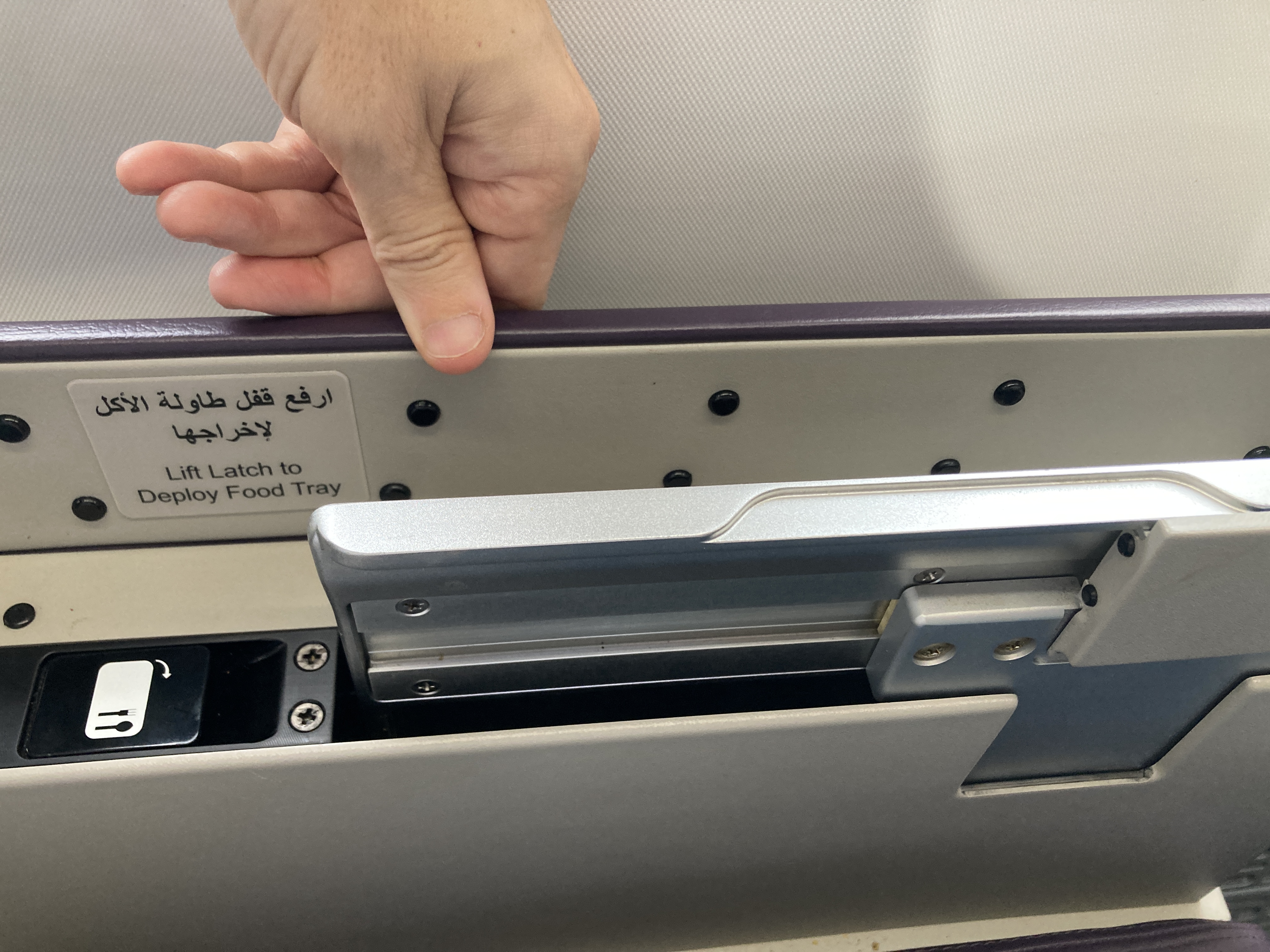 Royal Air Maroc Boeing 737 MAX 8 business class LHR CMN tray table release Royal Air Maroc Boeing 737 MAX 8 business class LHR CMN tray table release