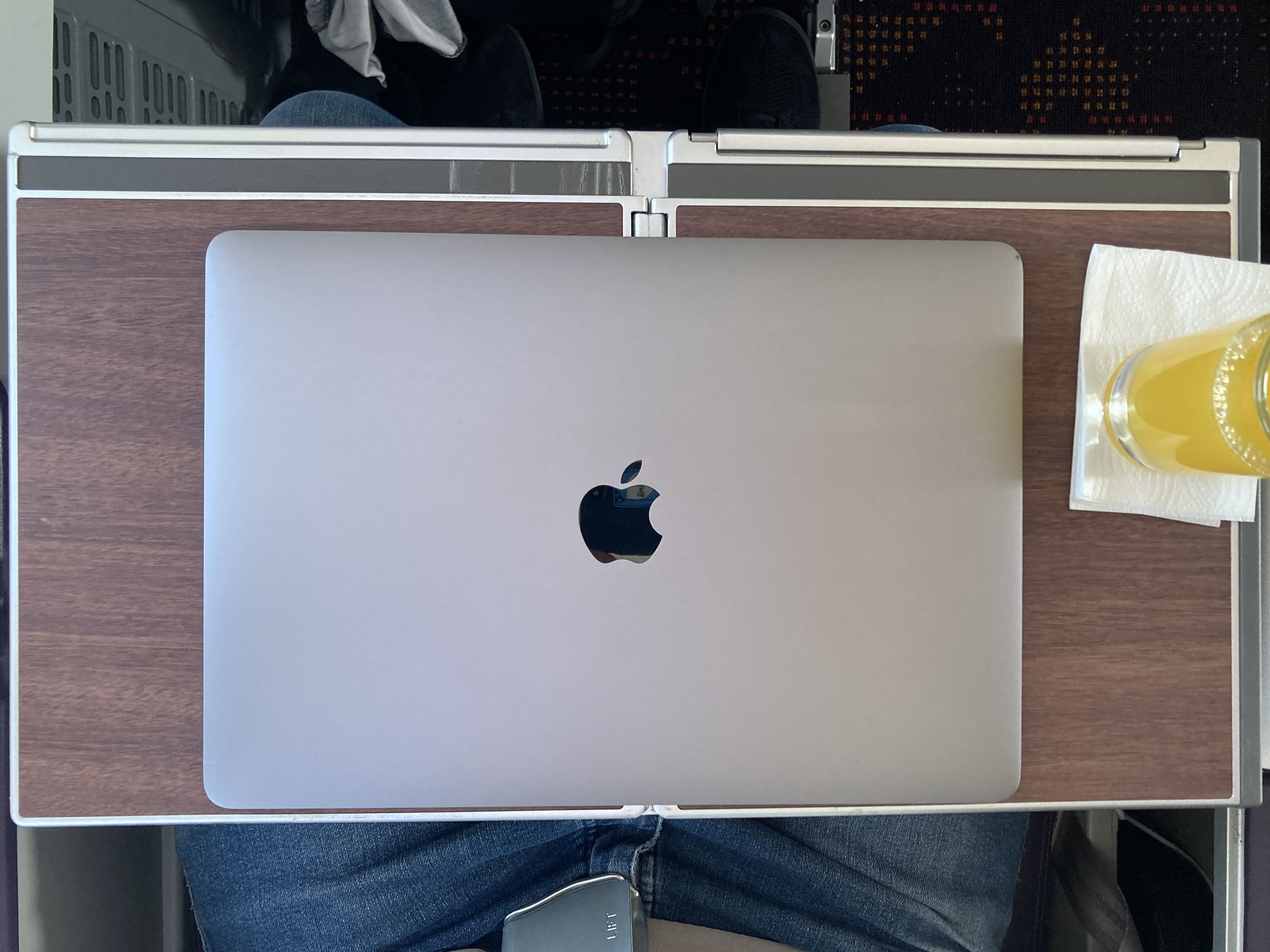 Royal Air Maroc Boeing 737 MAX 8 business class LHR CMN tray table unfolded with laptop Royal Air Maroc Boeing 737 MAX 8 business class LHR CMN tray table unfolded with laptop