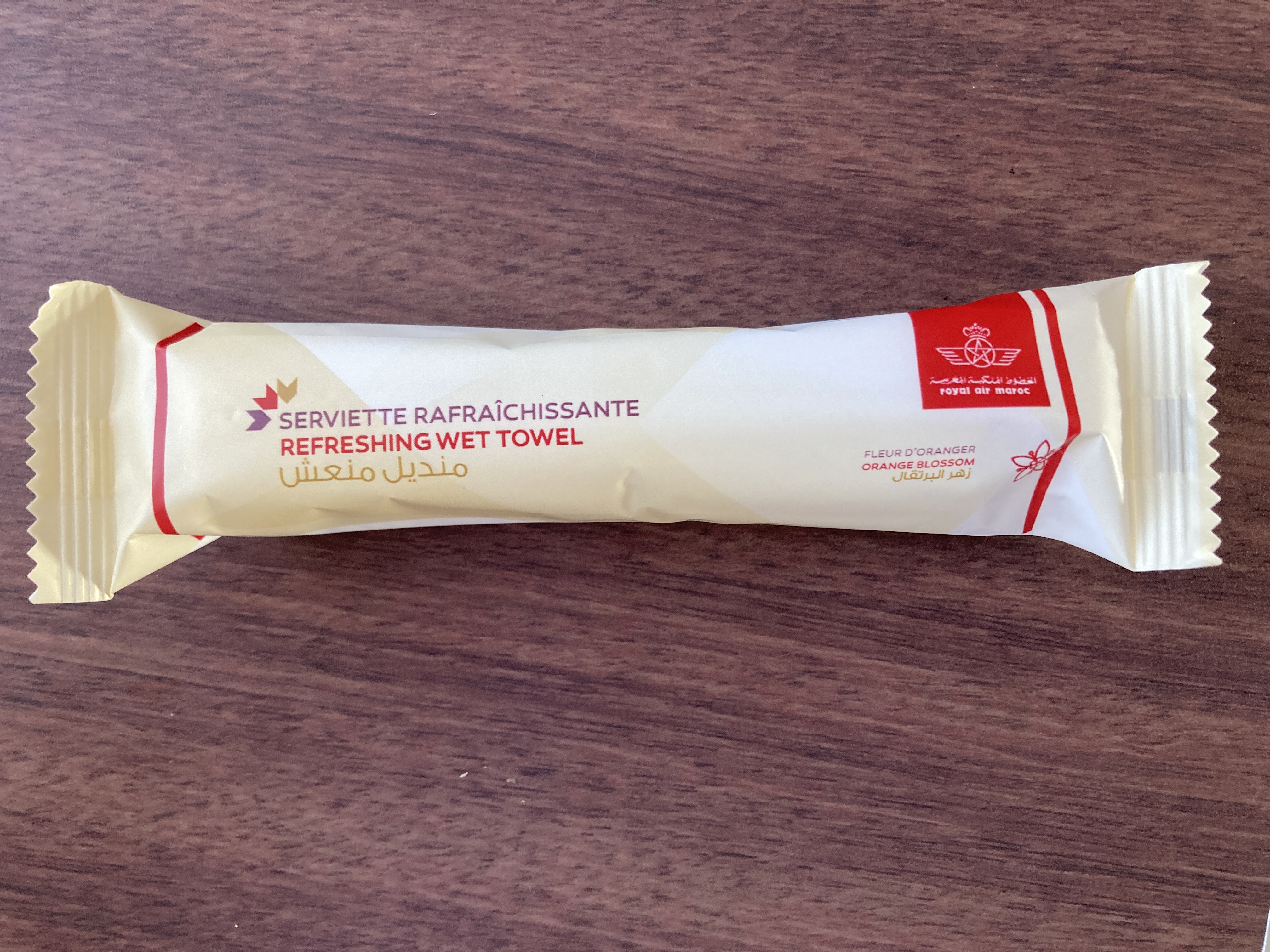 Royal Air Maroc Boeing 737 MAX 8 business class LHR CMN wet towelette Royal Air Maroc Boeing 737 MAX 8 business class LHR CMN wet towelette