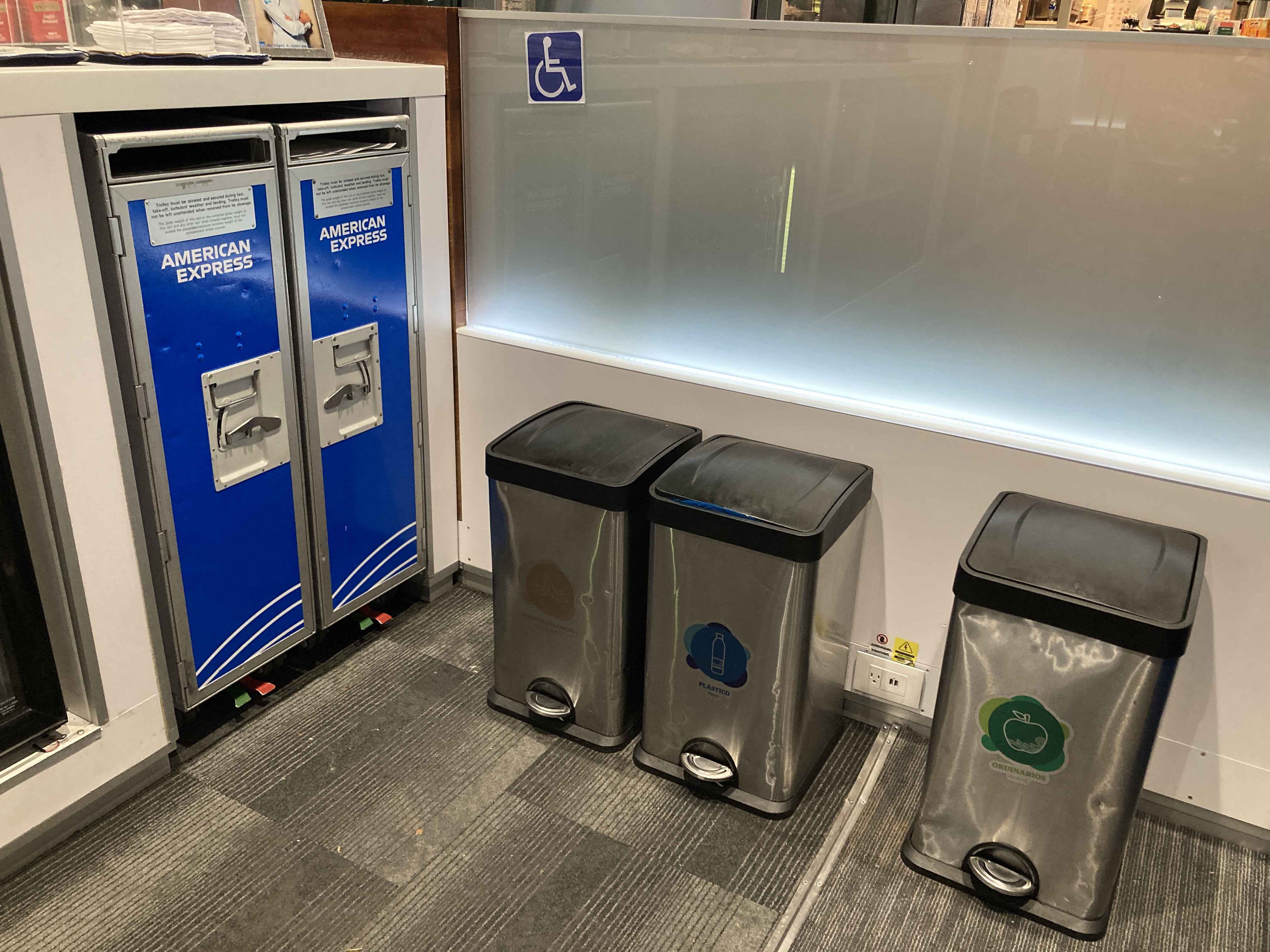 American Express Lounge Bogota BOG trash and recycling bins