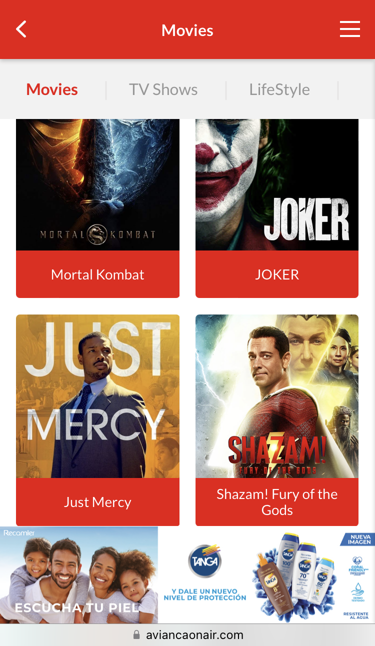 Avianca economy A320 LAX SAL inflight entertainment movies page