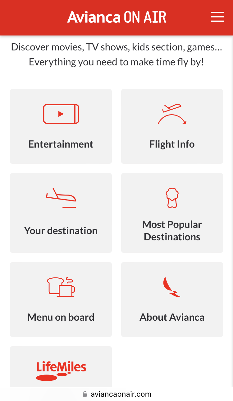 Avianca economy A320 LAX SAL inflight entertainment options page