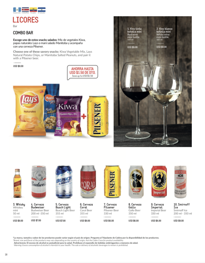 Avianca economy A320 LAX SAL inflight menu alcohol page