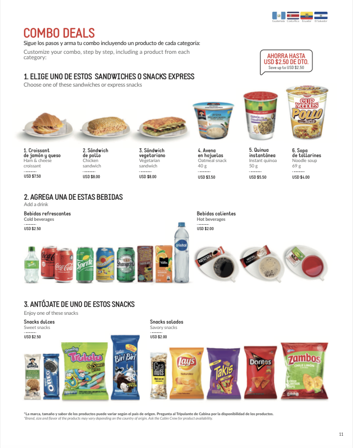 Avianca economy A320 LAX SAL inflight menu combo page