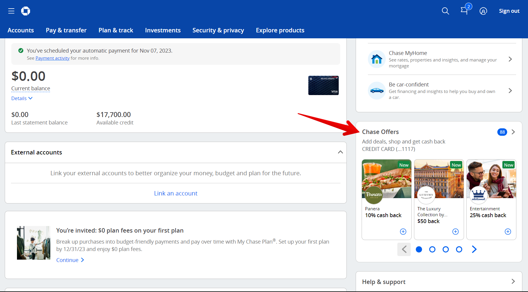 How to find Chase Offers Chase Offers on homepage