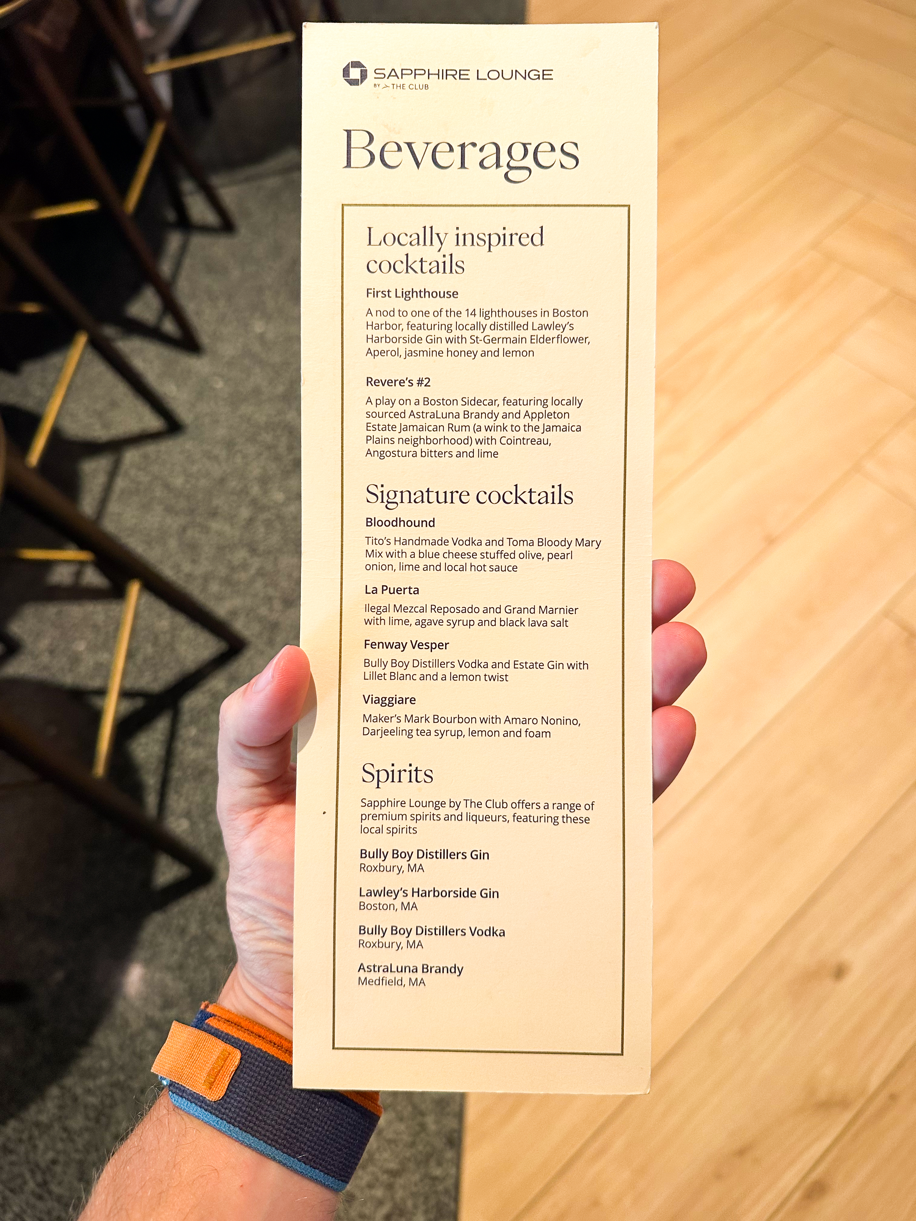 Chase Sapphire Lounge Boston cocktail menu. 