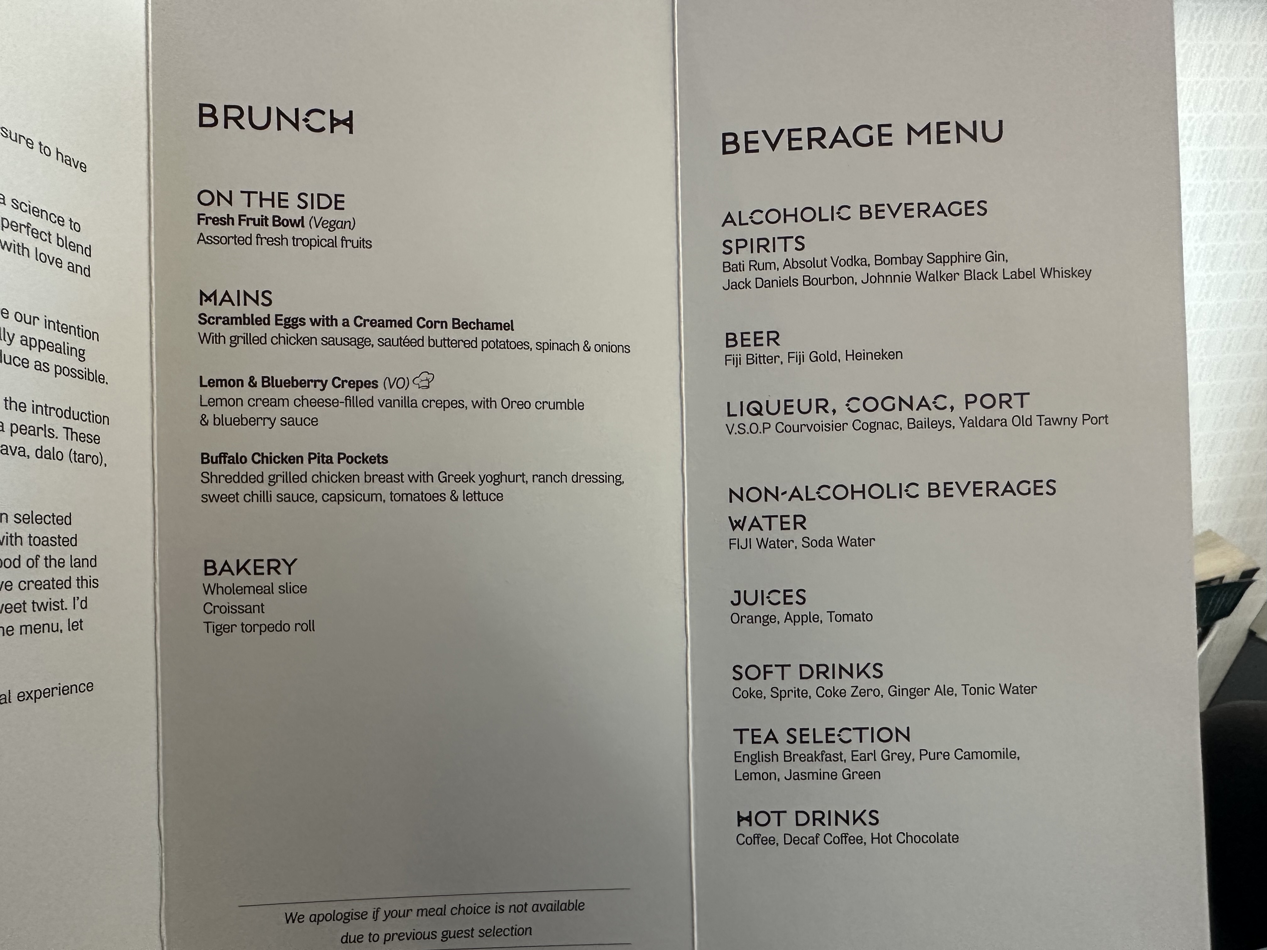 FIji Airways NAN MEL Business Class Menu FIji Airways NAN MEL Business Class Menu