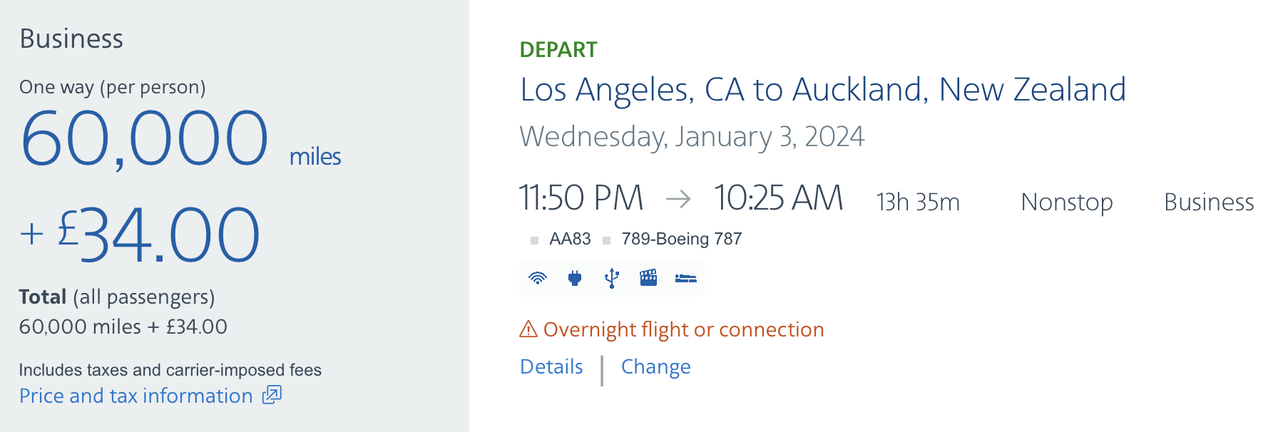 LAX to AKL for 60K AA Miles
