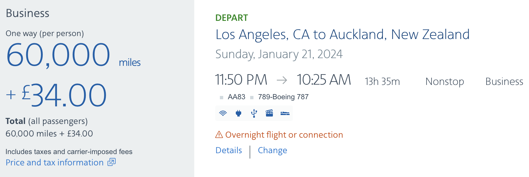 LAX to AKL for 60k AAdvantage Miles