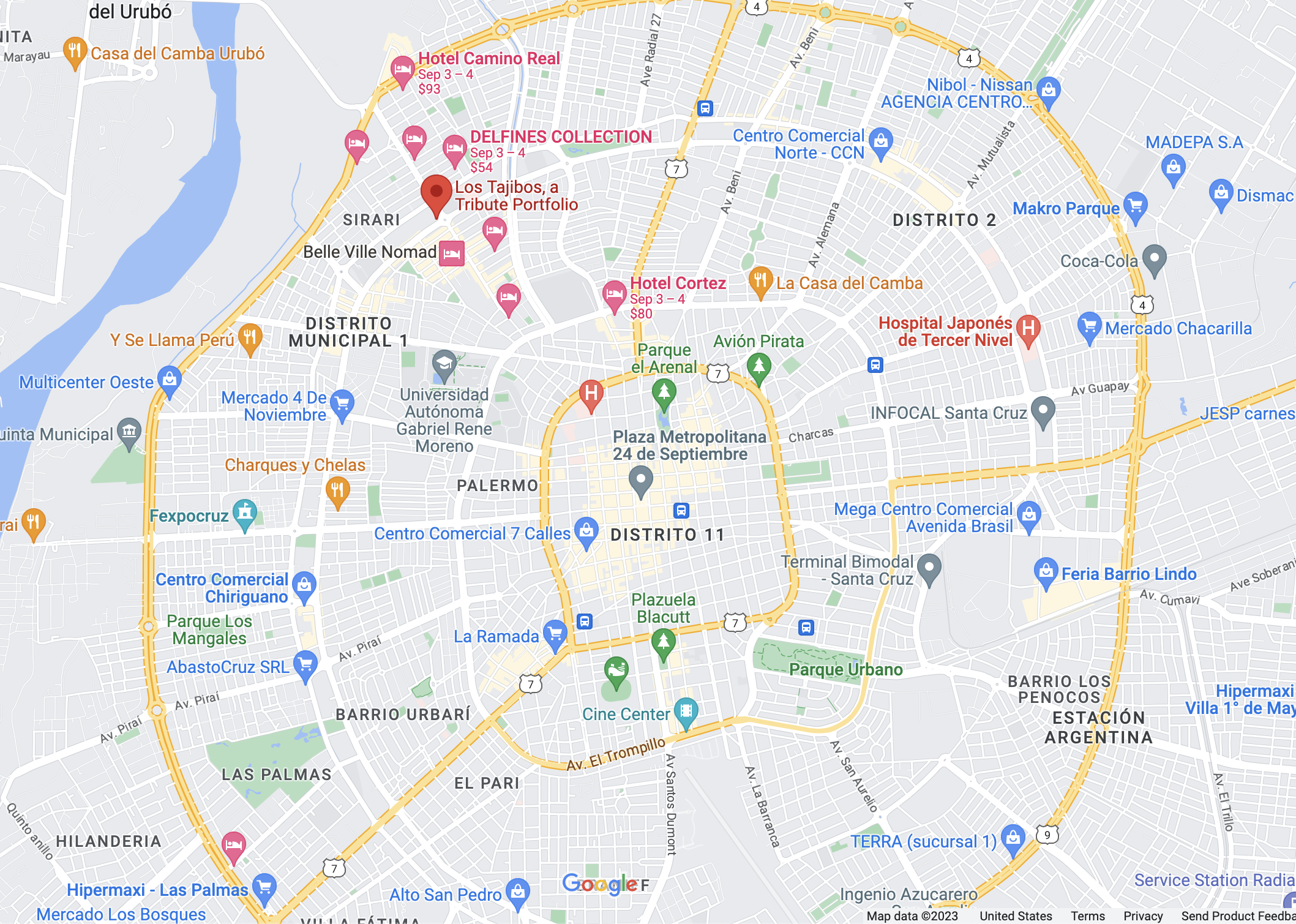 Maps.Google.com location of Los Tajibos in Santa Cruz Bolivia Maps.Google.com location of Los Tajibos in Santa Cruz Bolivia