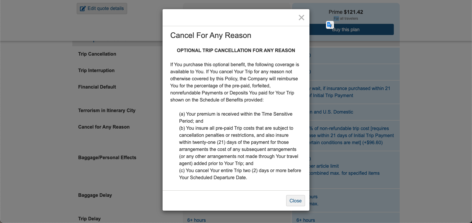 Nationwide Travel Insurance detailed pop up CFAR Nationwide Travel Insurance detailed pop up CFAR