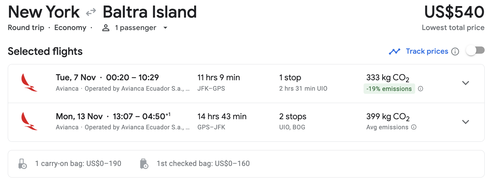 New York to Galapagos November
