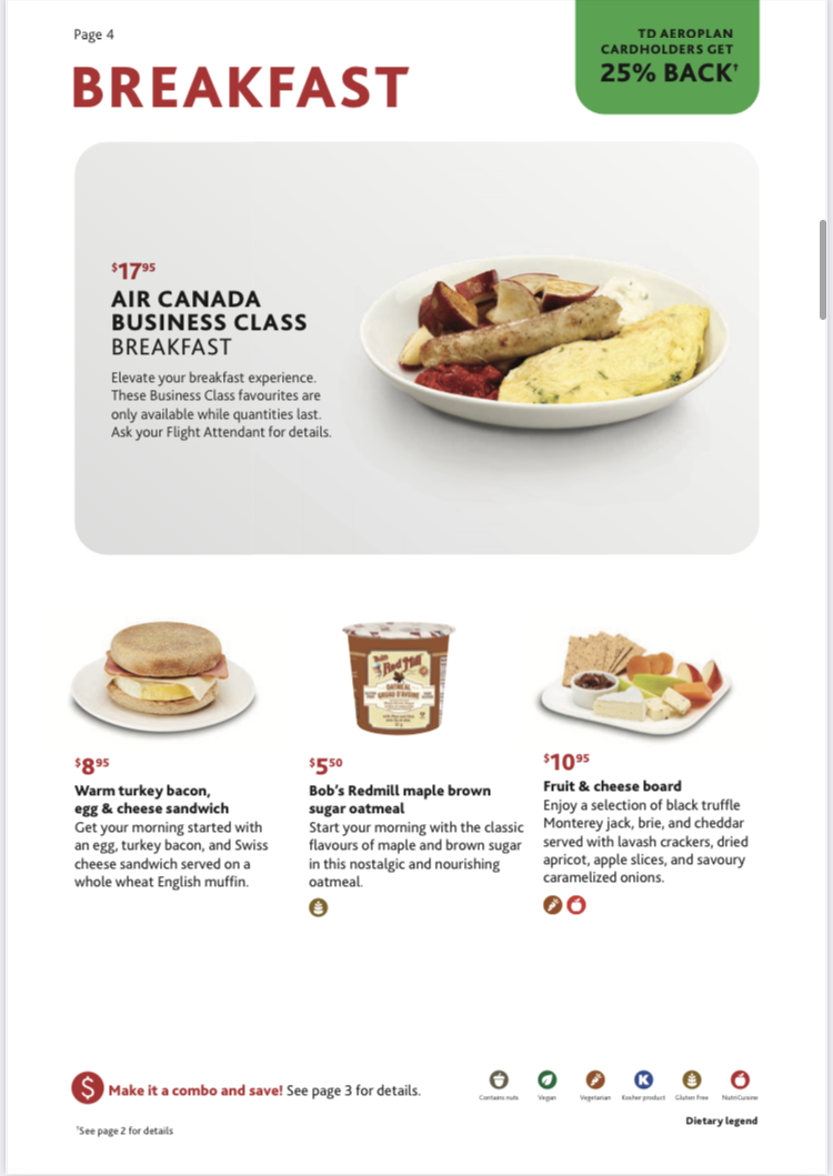Air Canada A330 300 economy YUL LAX bistro breakfast options Air Canada A330 300 economy YUL LAX bistro breakfast options