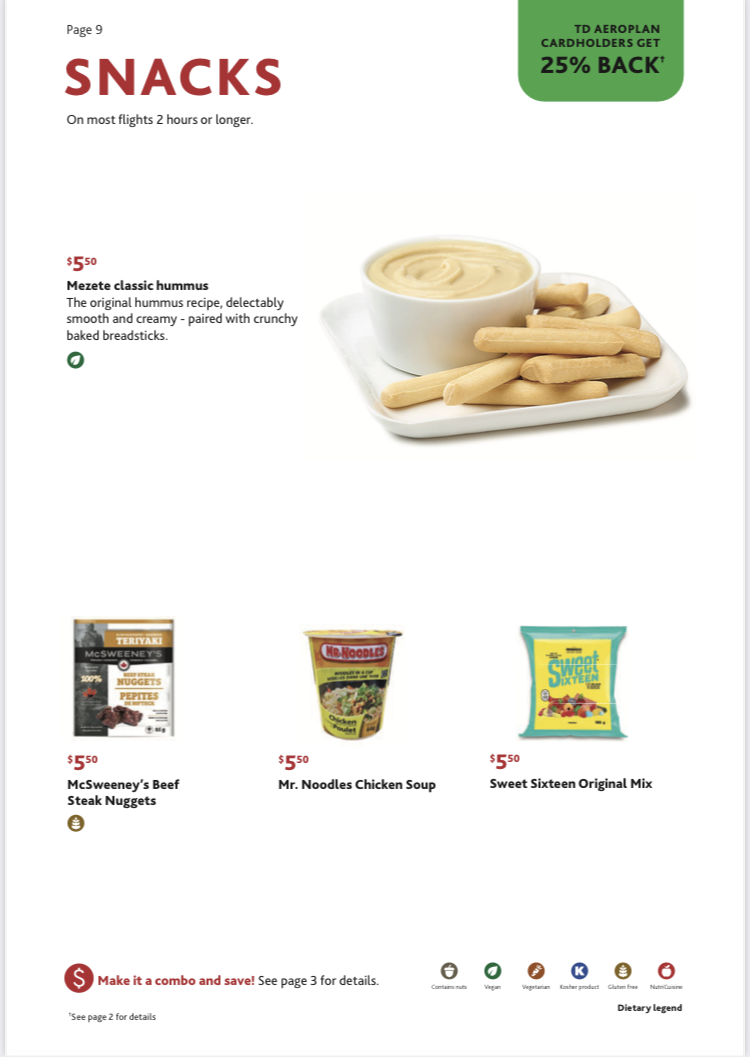 Air Canada A330 300 economy YUL LAX bistro snacks Air Canada A330 300 economy YUL LAX bistro snacks