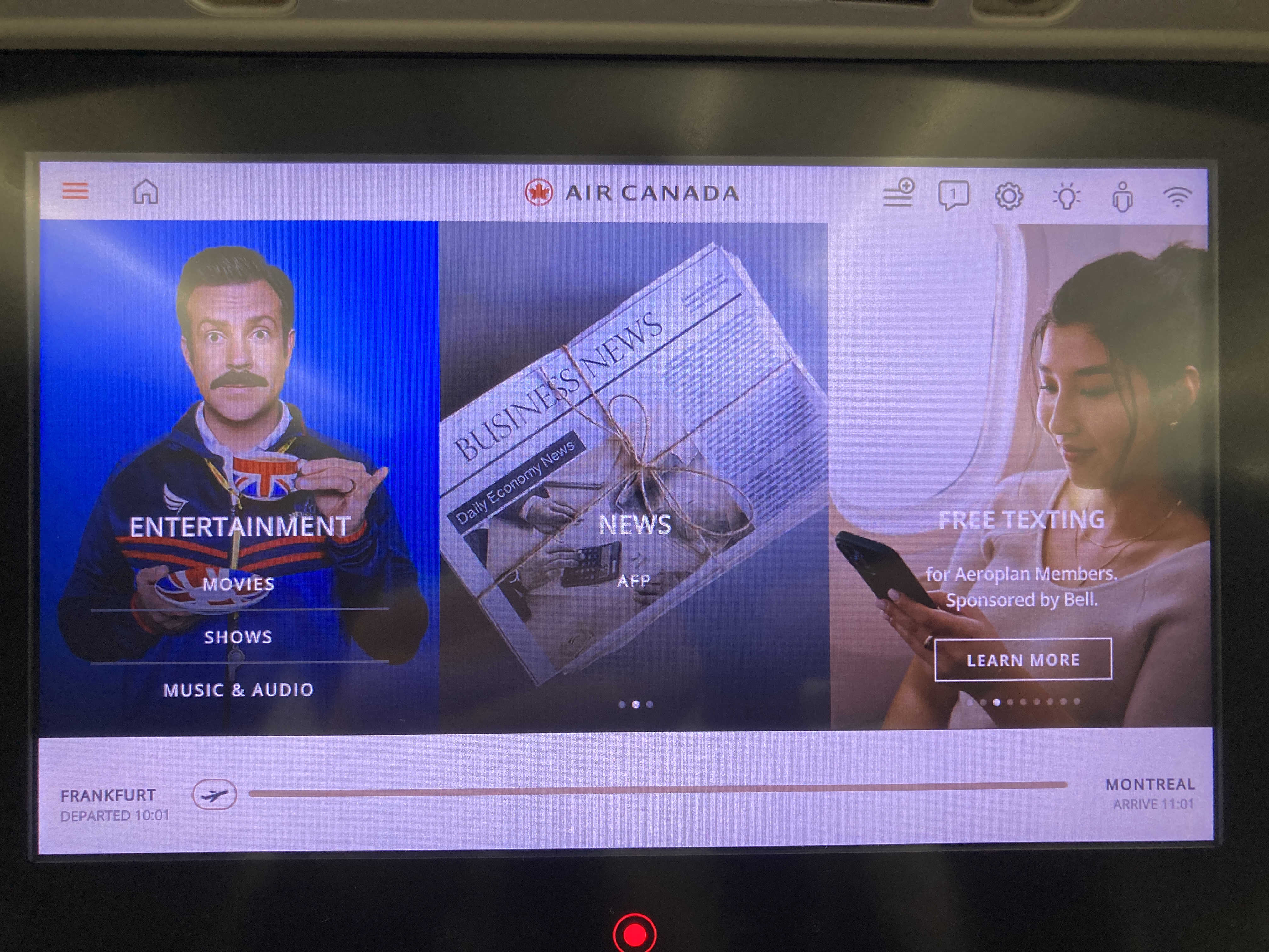 Air Canada B787 9 FRA YUL economy entertainment home screen Air Canada B787-9 FRA to YUL economy entertainment home screen